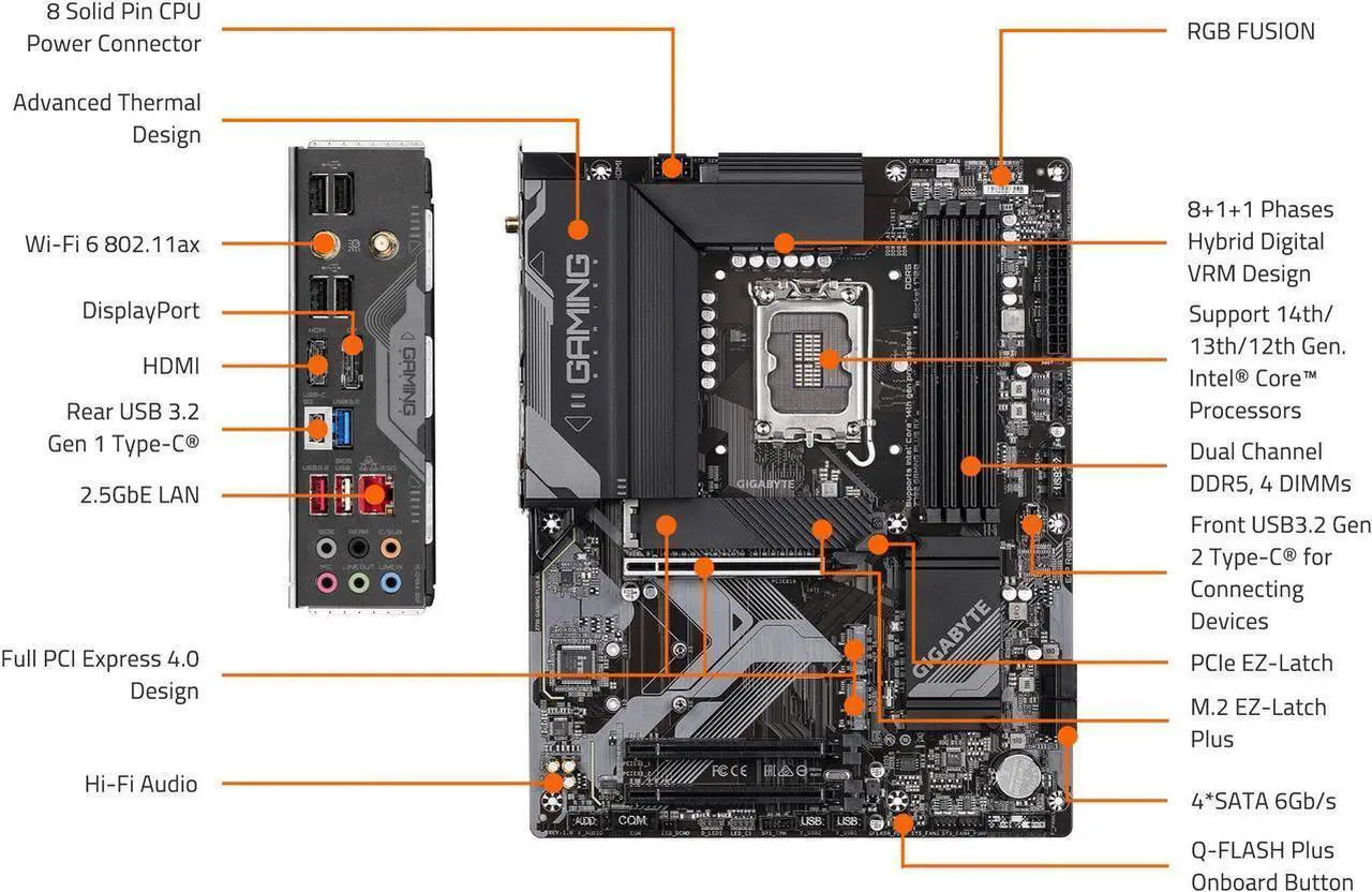 Alt view image 5 of 5 - GIGABYTE Z790 GAMING PLUS AX LGA 1700 Intel Z790 ATX Motherboard with DDR5, Triple M.2, PCIe 4.0, USB 3.2 Gen2 Type-C, Realtek Wi-Fi 6, Realtek  LAN, Q-Flash Plus, EZ-Latch