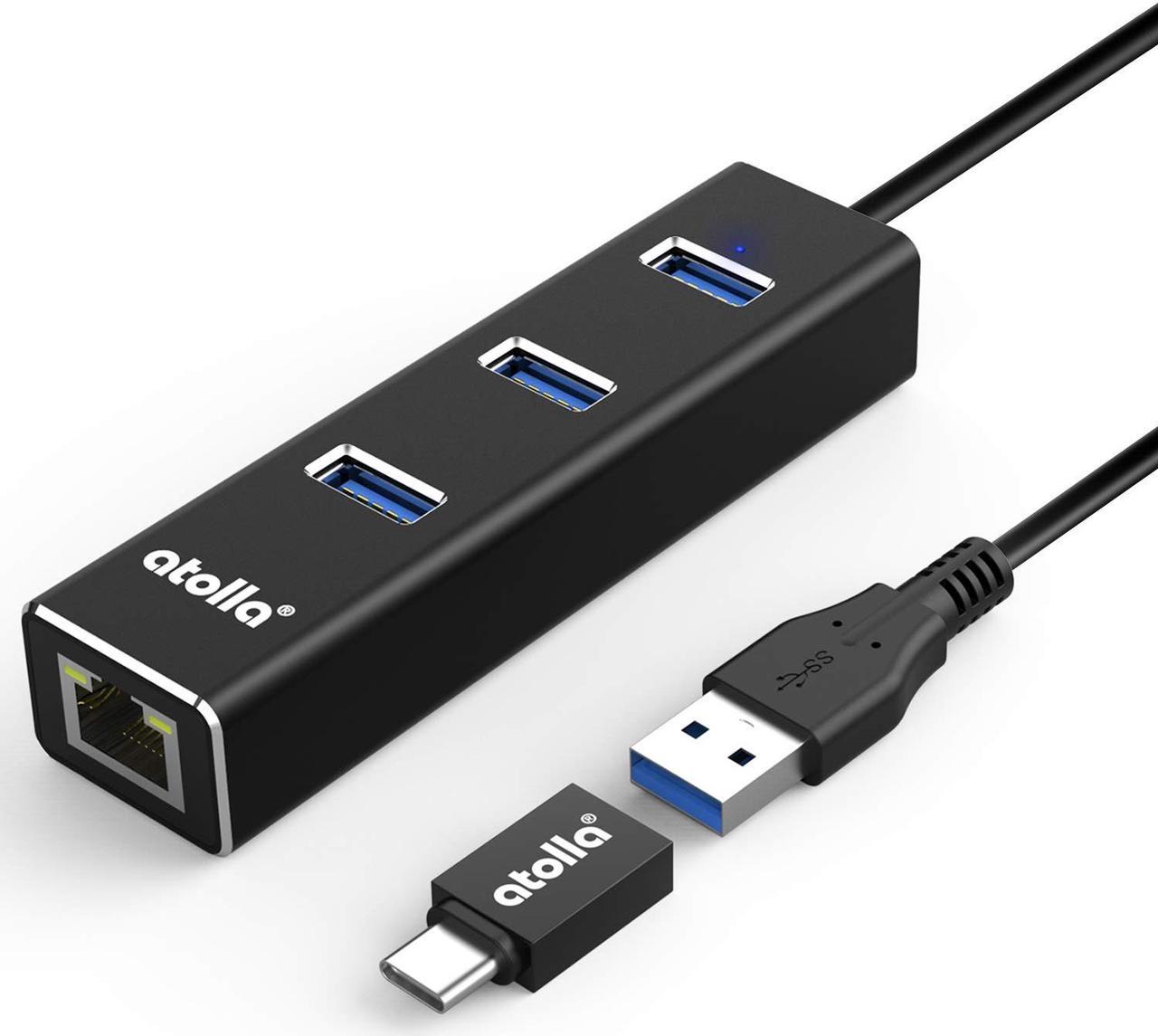 USB 3.0 Hub Ethernet with USB C Adapter, 3 Port USB 3.0 Splitter Gigabit Ethernet Hub + USB C HUB Network RJ45 1000Mbps USB Extender