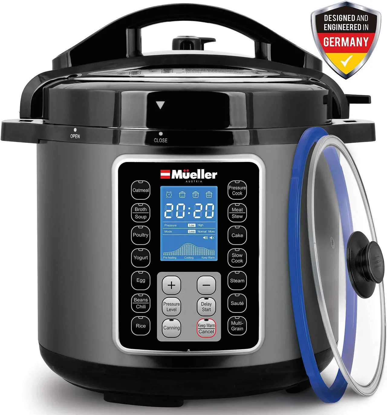 Main image of Mueller UltraPot 6Q Pressure Cooker Instant Crock 10 in 1 Pot with German ThermaV Tech, Cook 2 Dishes at Once, BONUS Tempered Glass Lid incl, Saute, Steamer, Slow, Rice, Yogurt, Maker, Sterilizer