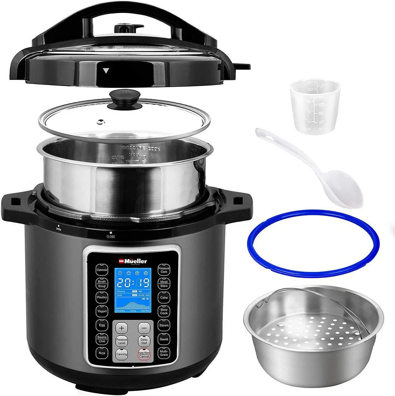 Alt view image 2 of 7 - Mueller UltraPot 6Q Pressure Cooker Instant Crock 10 in 1 Pot with German ThermaV Tech, Cook 2 Dishes at Once, BONUS Tempered Glass Lid incl, Saute, Steamer, Slow, Rice, Yogurt, Maker, Sterilizer