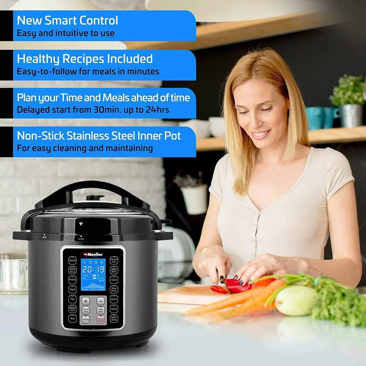 Alt view image 5 of 7 - Mueller UltraPot 6Q Pressure Cooker Instant Crock 10 in 1 Pot with German ThermaV Tech, Cook 2 Dishes at Once, BONUS Tempered Glass Lid incl, Saute, Steamer, Slow, Rice, Yogurt, Maker, Sterilizer