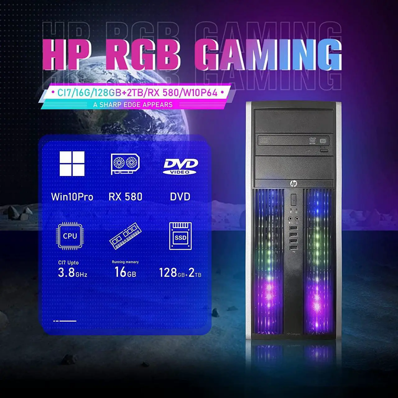 Alt view image 2 of 7 - HP RGB Gaming PC Desktop Computer - Intel Quad I7 up to 3.8GHz, 16GB Memory, 128G SSD + 2TB, Radeon RX 580 8G, RGB Keyboard & Mouse, DVD, WiFi & Bluetooth, Win 10 Pro (Renewed)