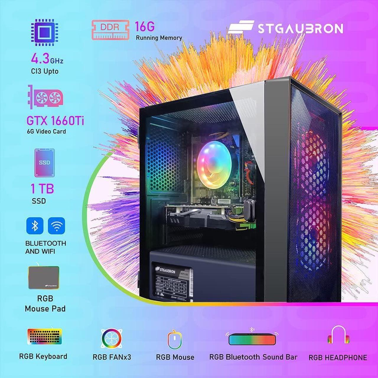 Alt view image 5 of 7 - STGAubron Gaming,Intel Core I3-10100F up to 4.3G,16G DDR4,1T SSD,WiFi,BT 5.0,GeForce GTX 1660Ti 6G DDR6,RGB Fan x3,RGB Keybaord&Mouse&Mouse Pad,RGB BT Sound Bar,RGB Bluetooth Gaming Microphone,W11H64