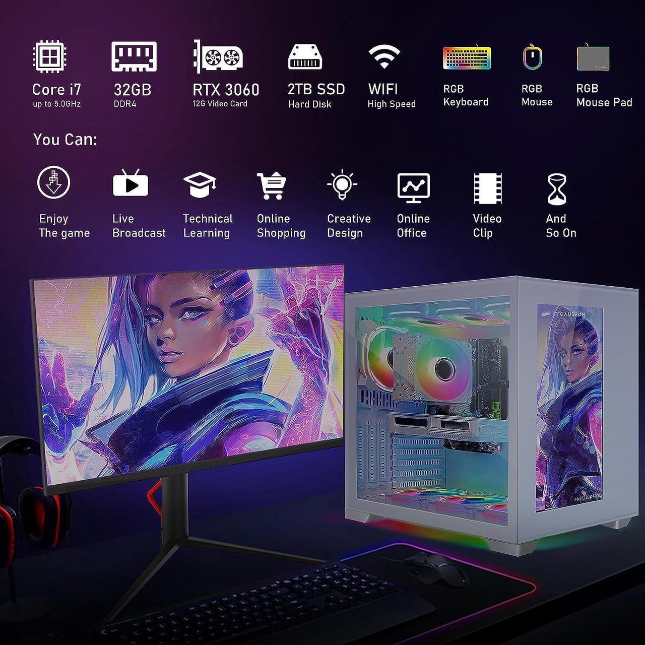 Alt view image 4 of 7 - STGAubron Gaming Desktop PC,Intel Core i7-11700KF up to 5.0G,32G DDR4,2T SSD,GeForce RTX 3060 12G GDDR6,600M WiFi,BT 5.0,RGB Fan x 9,RGB Keyboard&Mouse,RGB Mouse Pad,W11H64