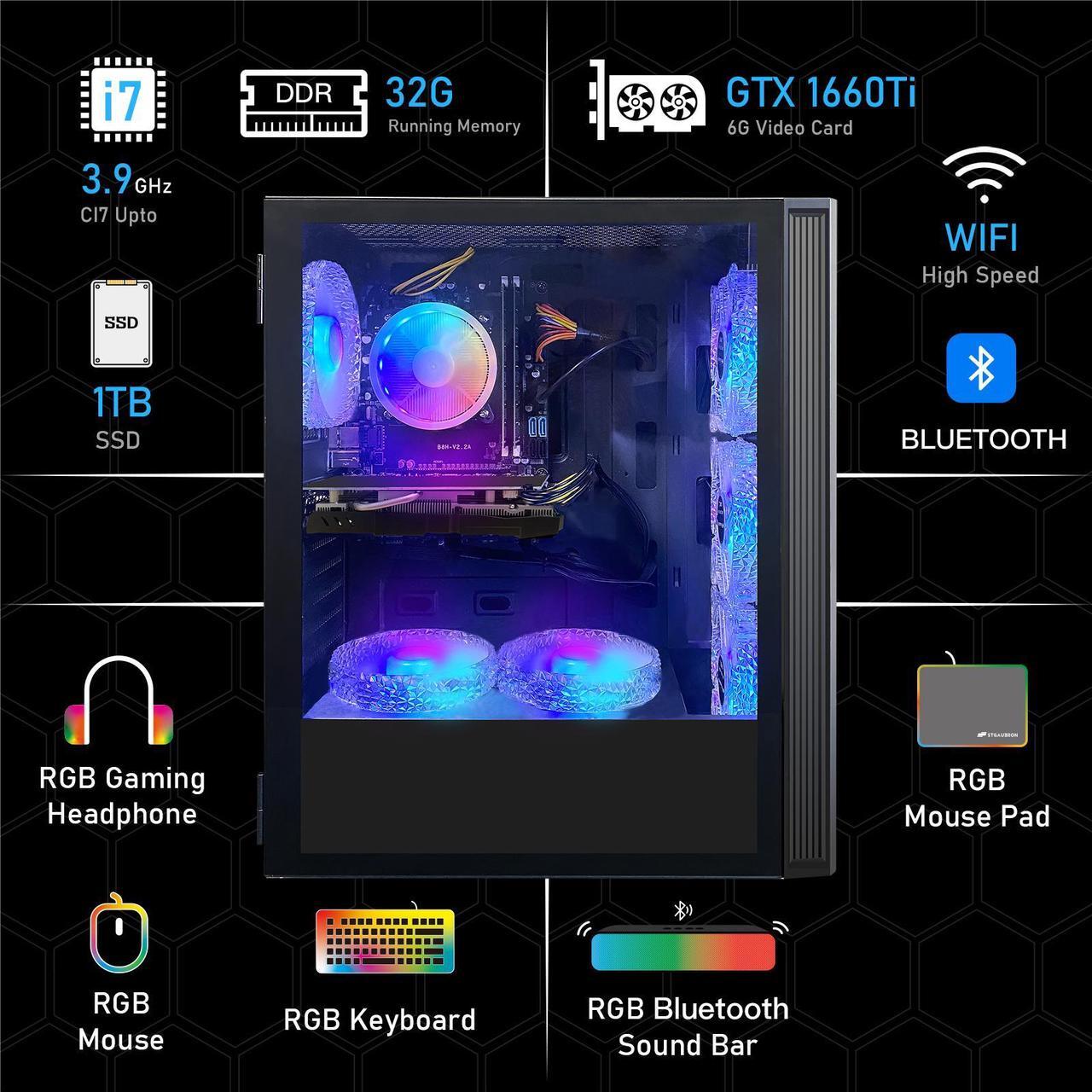 Alt view image 5 of 7 - STGAubron Gaming PC,Intel Core i7 3.4G up to 3.9G,32G,1TB SSD,GeForce GTX1660Ti 6G GDDR6,WiFi,BT 5.0,RGB Fan x 6,RGB Keybaord&Mouse&Mouse Pad,RGB Bluetooth Sound Bar,RGB Bluetooth Gaming Mic,W10H64