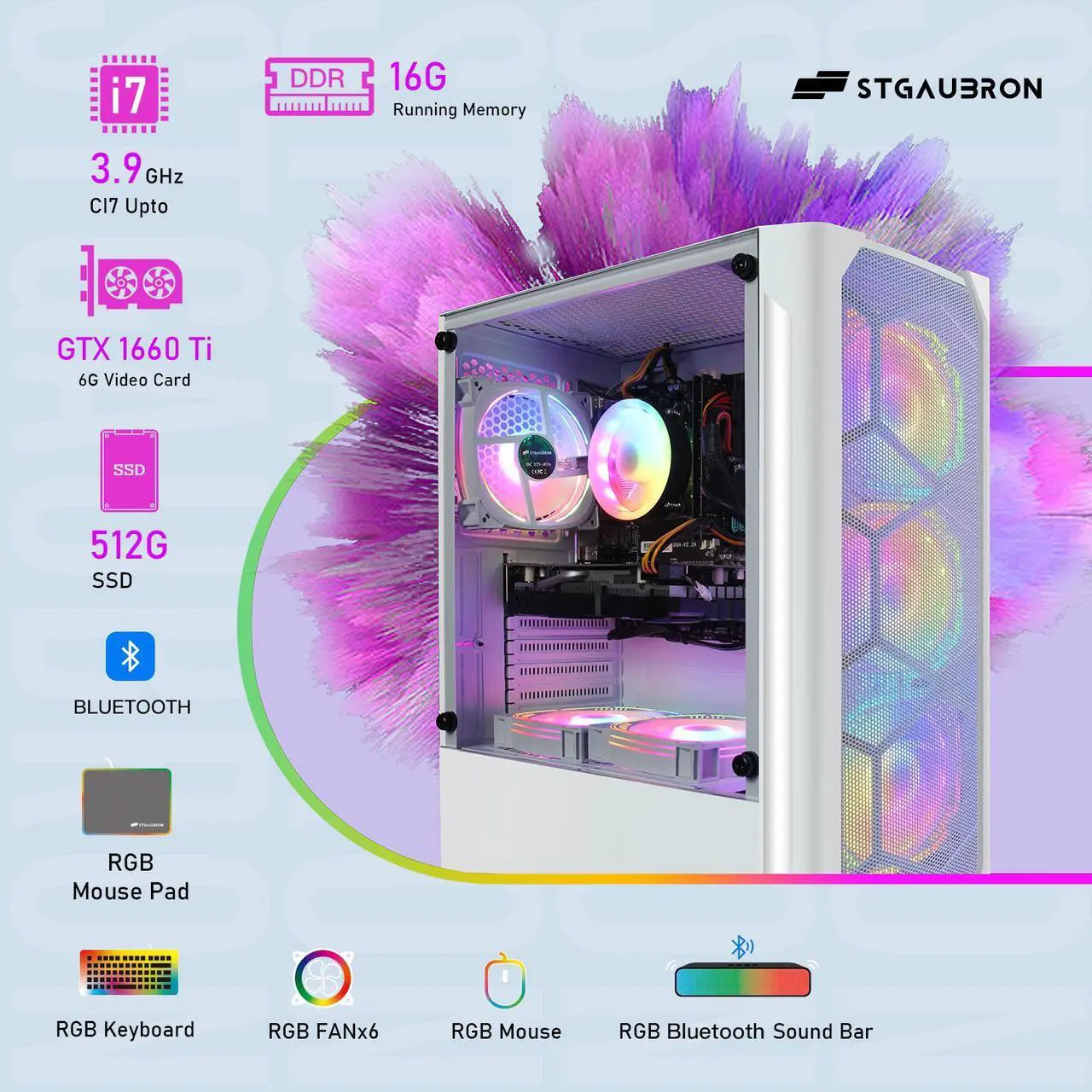 Alt view image 5 of 7 - STGAubron Gaming Diamond Desktop, Intel Core I7 3.4 GHz up to 3.9 GHz, 16G RAM, 512G SSD, WIFI, BT 5.0, GTX 1660 Ti 6G GDDR6, RGB Fan x 6, RGB Keyboard & Mouse, RGB Mouse Pad, RGB BT Sound Bar, W10H64