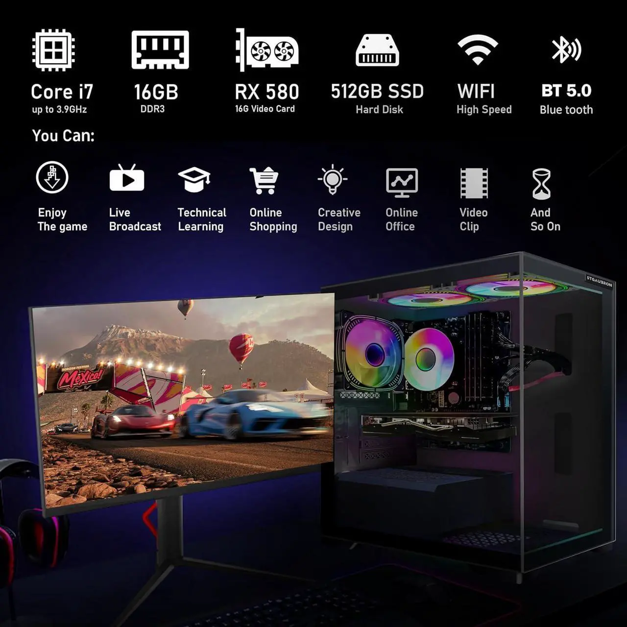 Alt view image 4 of 5 - STGAubron Gaming Desktop PC,Intel Core i7 3.4G up to 3.9G,Radeon RX 580 16G GDDR5,16G RAM, 512G SSD,600M WiFi,BT 5.0,RGB Fan x 3,RGB Keyboard&Mouse,RGB Mouse Pad,RGB BT Sound Bar,W10H64