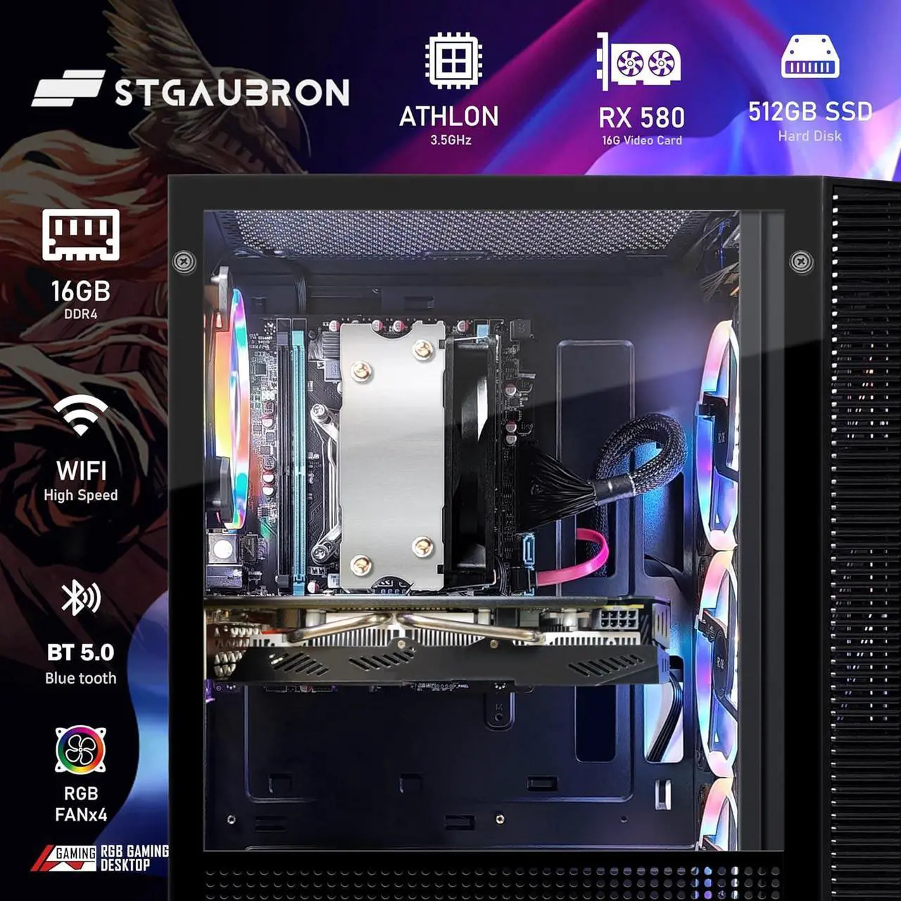 Alt view image 3 of 7 - STGAubron Gaming Desktop PC, AMD Athlon 3000G 3.5G, Radeon RX 580 16G GDDR5, 16G RAM, 512G SSD, 600M WiFi, BT 5.0, RGB Fan x 4, RGB Keyboard & Mouse & Mouse Pad, W11H64