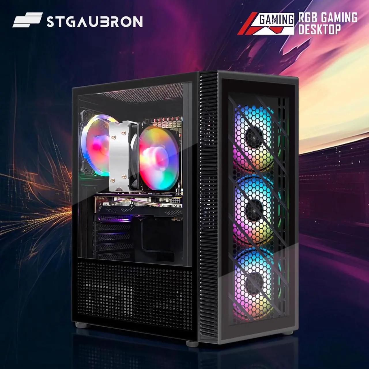 Alt view image 5 of 7 - STGAubron Gaming Desktop PC, AMD Athlon 3000G 3.5G, Radeon RX 580 16G GDDR5, 16G RAM, 512G SSD, 600M WiFi, BT 5.0, RGB Fan x 4, RGB Keyboard & Mouse & Mouse Pad, W11H64