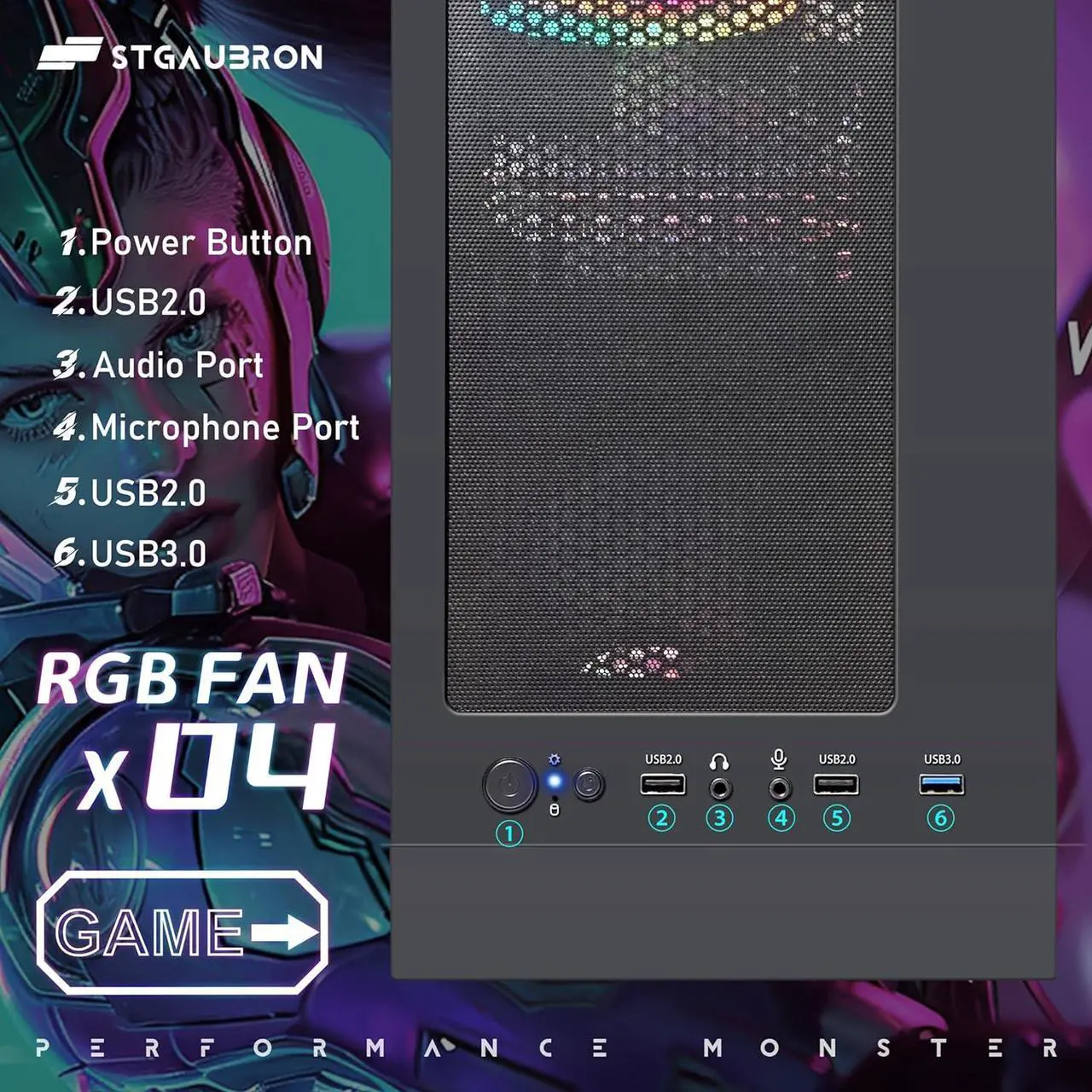 Alt view image 7 of 7 - STGAubron Gaming Desktop PC, AMD Athlon 3000G 3.5G, Radeon RX 580 16G GDDR5, 16G RAM, 512G SSD, 600M WiFi, BT 5.0, RGB Fan x 4, RGB Keyboard & Mouse & Mouse Pad, W11H64