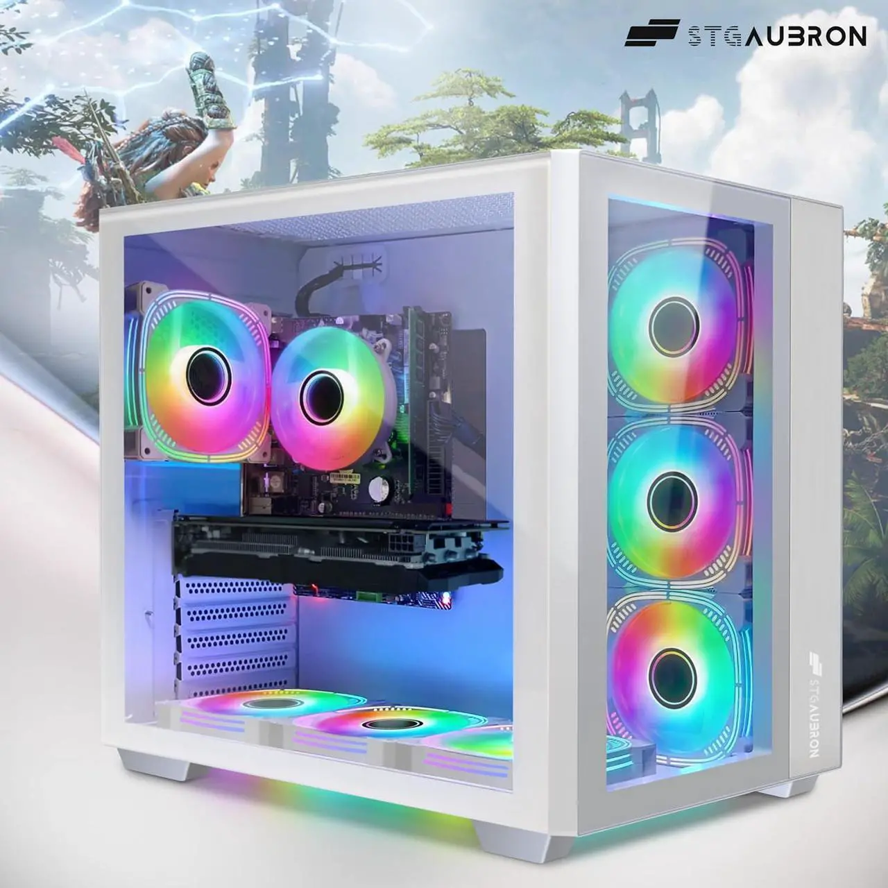 Alt view image 2 of 7 - STGAubron Gaming Desktop PC, Intel Core i5-9400F up to 4.1GHz, Radeon RX 6600 XT 8G GDDR6, 16G RAM, 1T SSD, 600M WiFi, BT 5.0, RGB Fan x 7, RGB Keyboard & Mouse & Mouse Pad, W11H64