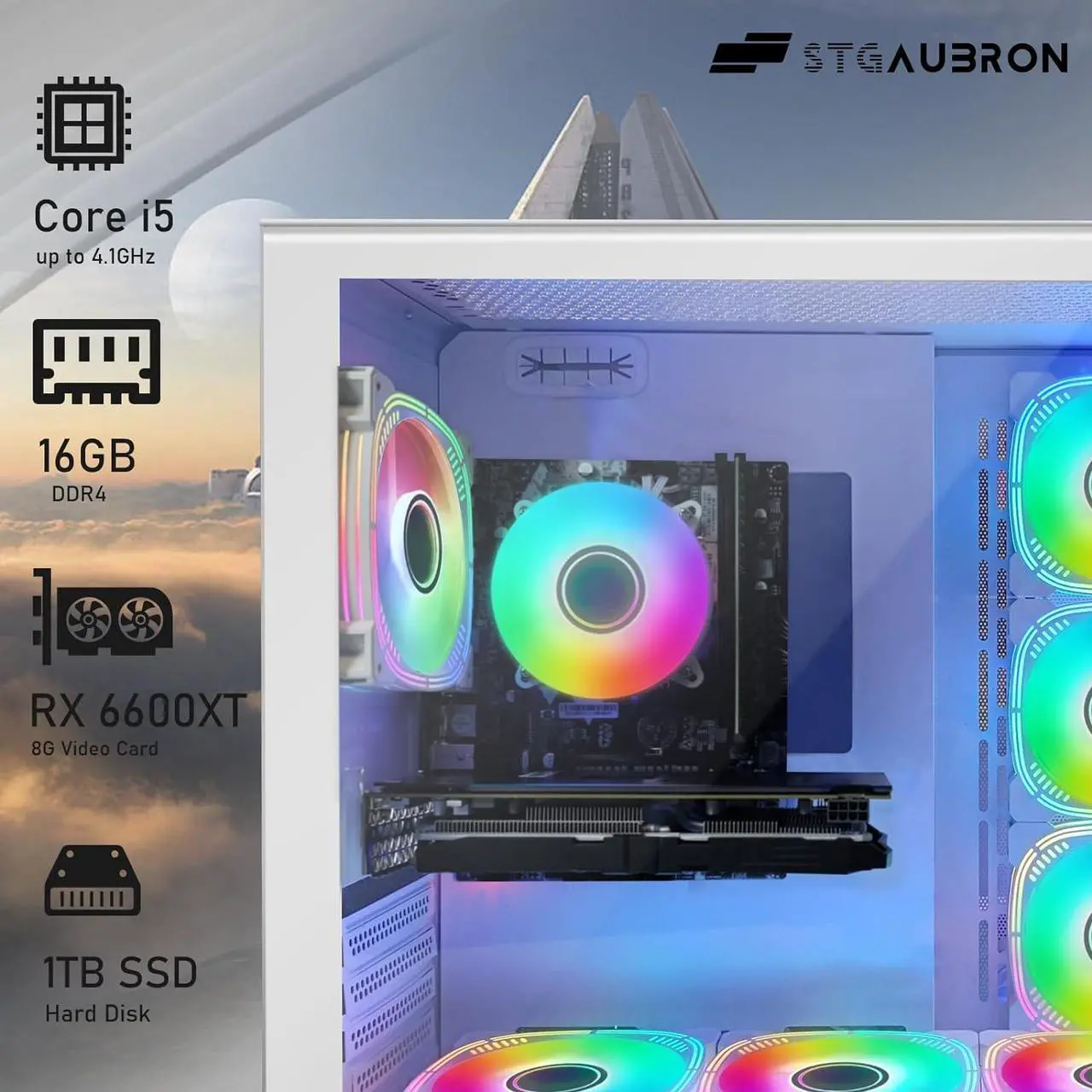 Alt view image 3 of 7 - STGAubron Gaming Desktop PC, Intel Core i5-9400F up to 4.1GHz, Radeon RX 6600 XT 8G GDDR6, 16G RAM, 1T SSD, 600M WiFi, BT 5.0, RGB Fan x 7, RGB Keyboard & Mouse & Mouse Pad, W11H64