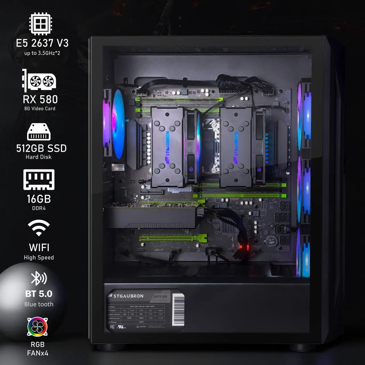 Alt view image 2 of 5 - STGAubron Gaming PC Computer Desktop, Radeon RX 580 8G, Dual Intel i7 Xeon E5 up to 3.7GHz, 16G DDR4, 512G SSD, 600M WiFi, BT 5.0, RGB Fan x 4, RGB Mouse Pad, Windows 10 Pro