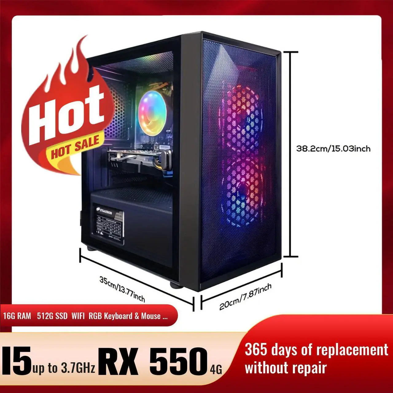 Alt view image 3 of 5 - STGAubron Gaming, Intel Core I5 3.3Ghz up to 3.7Ghz, 16G Ram, 512G SSD, AMD Radeon RX 550 4G GDDR5, WiFi, BT 5.0, RGB Fan x 3, RGB Keybaord & Mouse, RGB Mouse Pad, W10H64