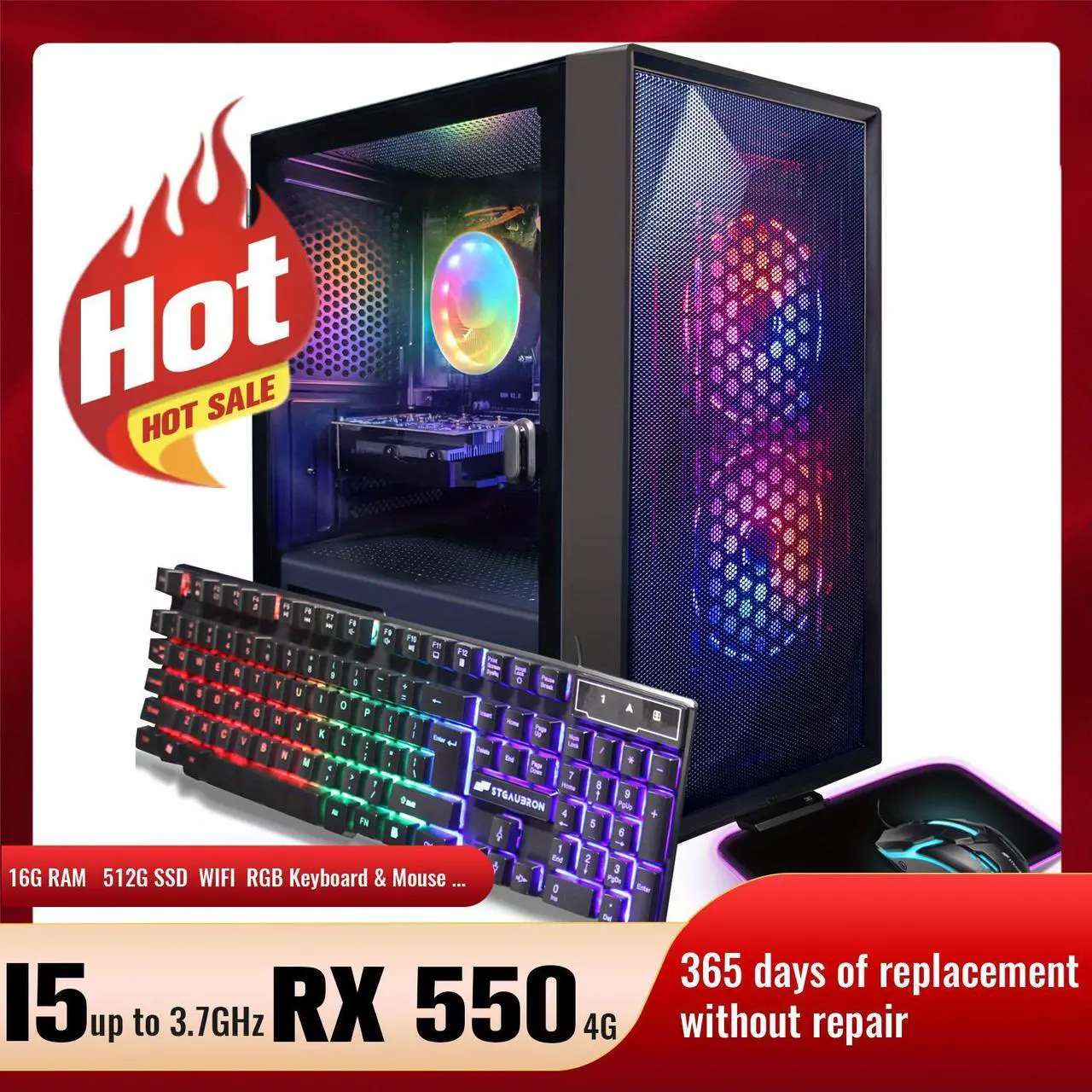 Main image of STGAubron Gaming, Intel Core I5 3.3Ghz up to 3.7Ghz, 16G Ram, 512G SSD, AMD Radeon RX 550 4G GDDR5, WiFi, BT 5.0, RGB Fan x 3, RGB Keybaord & Mouse, RGB Mouse Pad, W10H64