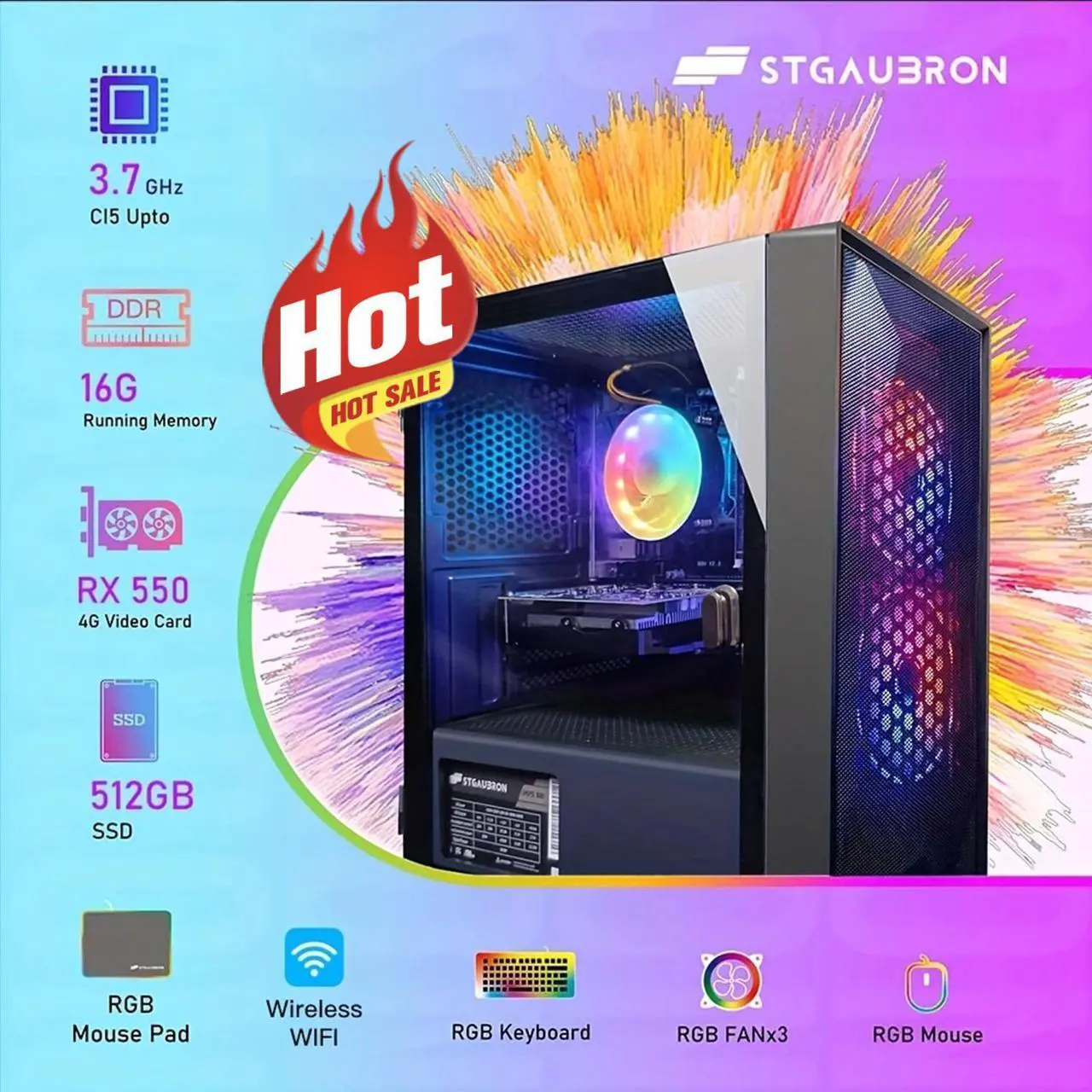 Alt view image 2 of 5 - STGAubron Gaming, Intel Core I5 3.3Ghz up to 3.7Ghz, 16G Ram, 512G SSD, AMD Radeon RX 550 4G GDDR5, WiFi, BT 5.0, RGB Fan x 3, RGB Keybaord & Mouse, RGB Mouse Pad, W10H64