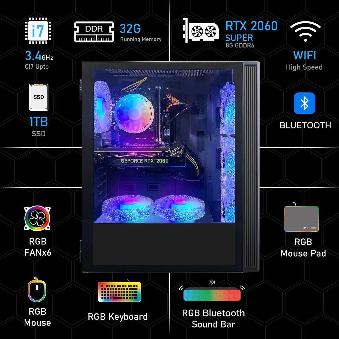 Main image of STGAubron Gaming Desktop PC, GeForce RTX 2060 Super 8G, Intel Core i7 up to 3.9G, 32G RAM, 1TB SSD, WiFi, BT 5.0, RGB BT Sound Bar & Headset Mic, Windows 10 Home