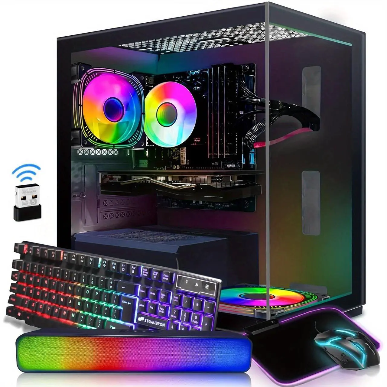 Alt view image 4 of 6 - STGAubron Gaming Desktop PC,Intel Core i7 3.4G up to 3.9G,16G RAM,512G SSD,Radeon RX 580 16G GDDR5,600M WiFi,BT 5.0,RGB Fan x 2,RGB Keyboard&Mouse,RGB Mouse Pad,RGB BT Sound Bar,W10H64