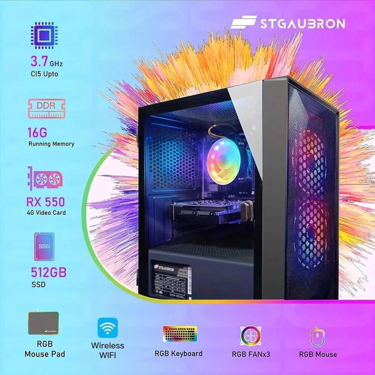 Main image of STGAubron Prebuilt Gaming PC Desktop, AMD Radeon RX 550 4G GDDR5, Intel Core I5 3.3Ghz up to 3.7Ghz, 16G Ram, 512G SSD, WiFi, BT 5.0, RGB Fan x 3, RGB Mouse Pad, Windows 10 Home