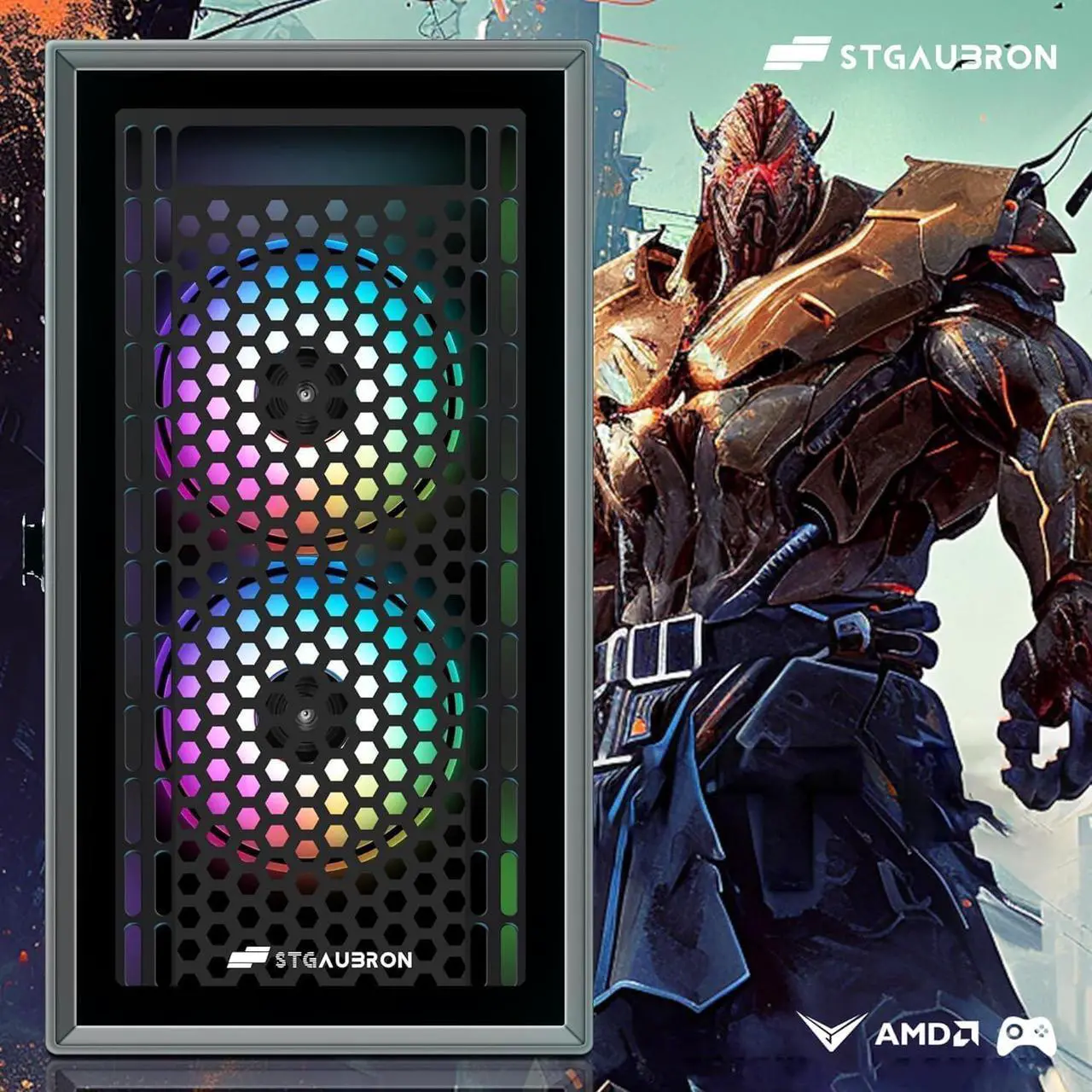 Main image of STGAubron Gaming PC Computer Desktop, Intel i7 Xeon E5 2.8G, Radeon RX 580 8G, 16G DDR4, 512G SSD, 600M WiFi, BT 5.0, RGB Fan x3, Windows 10 Home