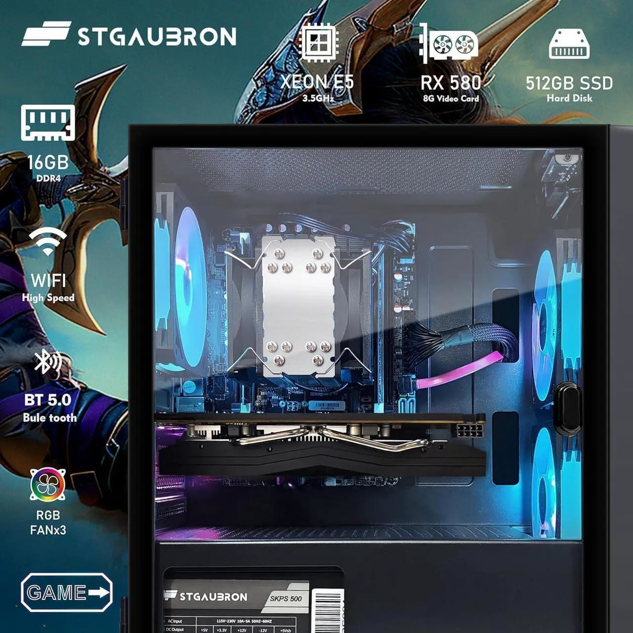 Alt view image 2 of 6 - STGAubron Gaming PC Computer Desktop, Intel i7 Xeon E5 2.8G, Radeon RX 580 8G, 16G DDR4, 512G SSD, 600M WiFi, BT 5.0, RGB Fan x3, Windows 10 Home