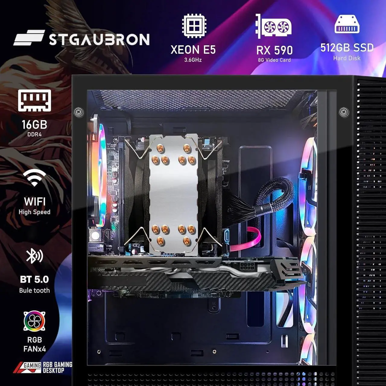 Alt view image 2 of 6 - STGAubron Gaming PC Computer Desktop, Radeon RX 580 8GB, Intel i7 Xeon E5 up to 3.6GHz,16GB RAM, 512GB SSD, WiFi, BT 5.0, RGB Fan x4, Windows 10 Home