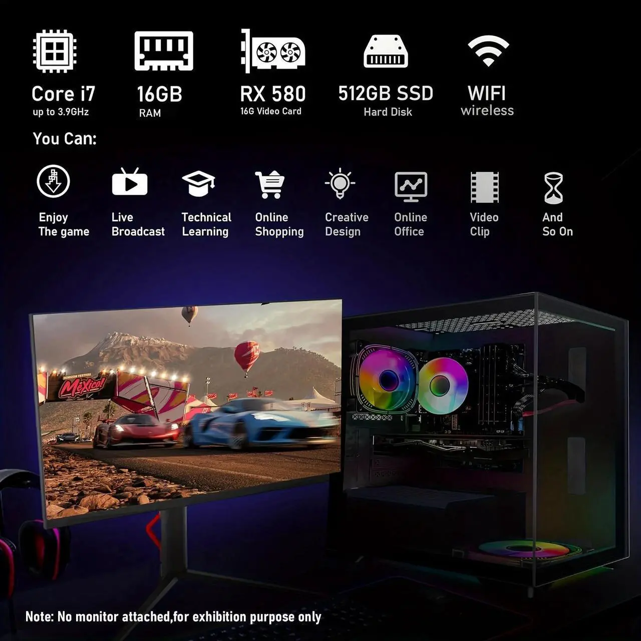 Alt view image 2 of 6 - STGAubron Gaming Desktop PC,Intel Core i7 3.4G up to 3.9G,16G RAM,512G SSD,Radeon RX 580 16G GDDR5,600M WiFi,BT 5.0,RGB Fan x 2,RGB Keyboard&Mouse,RGB Mouse Pad,RGB BT Sound Bar,W10H64