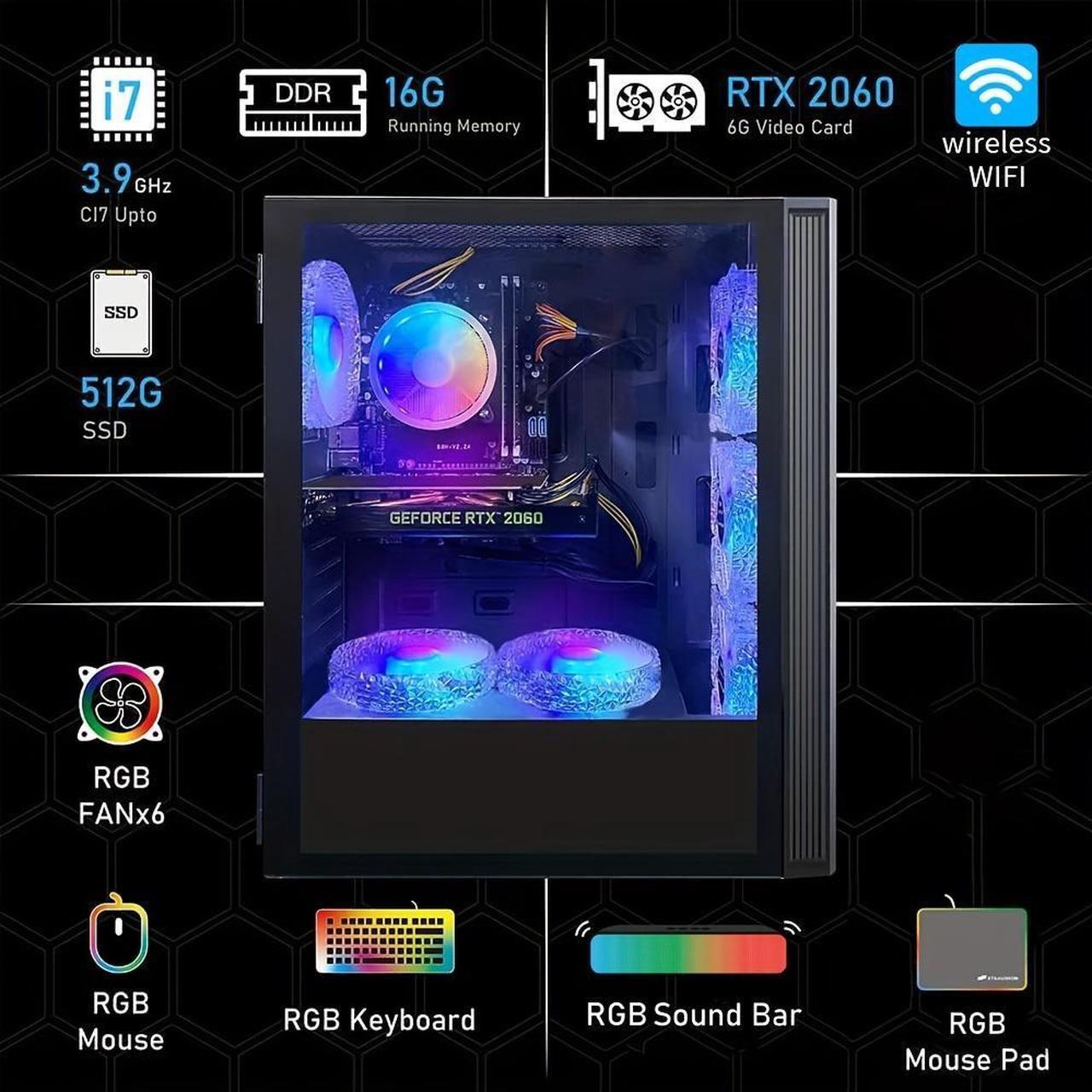 Alt view image 2 of 6 - STGAubron Gaming Desktop PC Computer,Intel Core I7 3.4 GHz up to 3.9 GHz,16G RAM,512G SSD,WiFi,BT 5.0,GeForce RTX 2060 6G GDDR6,RGB Fanx6,RGB Keyboard&Mouse,RGB Mouse Pad,RGB BT Sound Bar,W10H64
