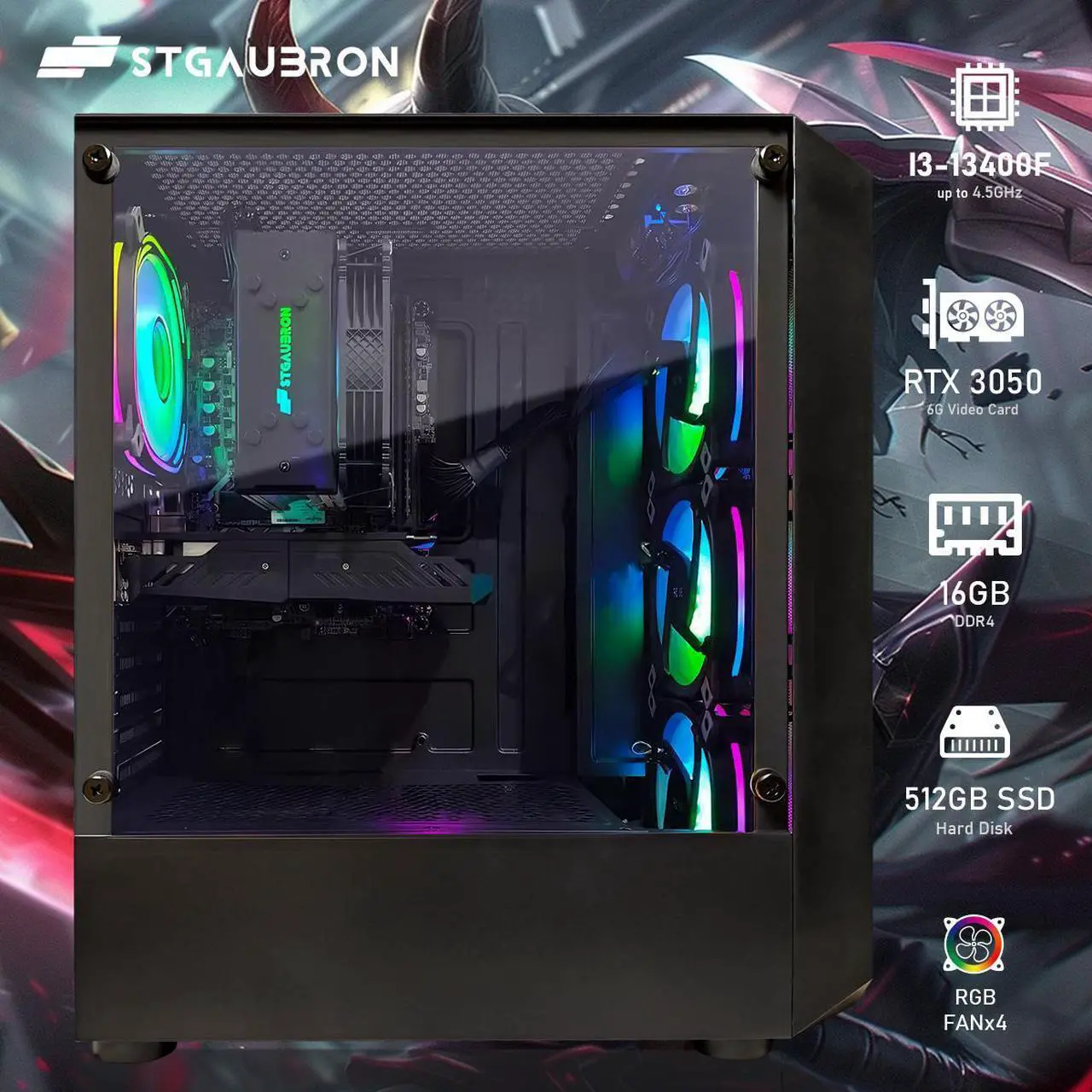 Alt view image 3 of 5 - STGAubron Gaming PC Computer Desktop, 13th Gen Intel Core i5-13400F up to 4.6G, GeForce RTX 3050 6G, 16G DDR4, 512G SSD, RGB Fan x4, WiFi 6 & BT 5.2, Windows 11 Home