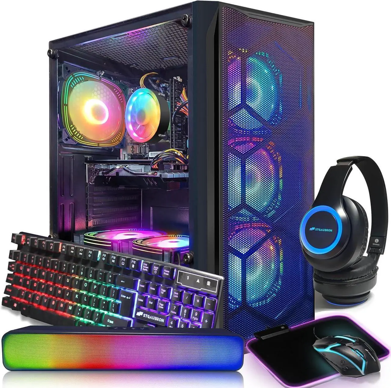 Main image of STGAubron Gaming PC Computer Desktop, Intel Core i7 up to 3.9G, Radeon RX 580 8G, 16G RAM, 1T SSD, 600M WiFi, BT 5.0, RGB Fan x6, RGB BT Soundbar & Headphone, Windows 10 Home