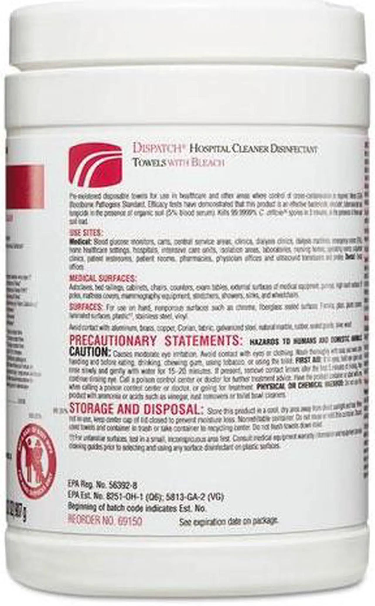 Alt view image 10 of 20 - Clorox CLO 69150 Dispatch Hospital Cleaner Disinfectant Towels with Bleach Wipes Canister (150 CT.)
