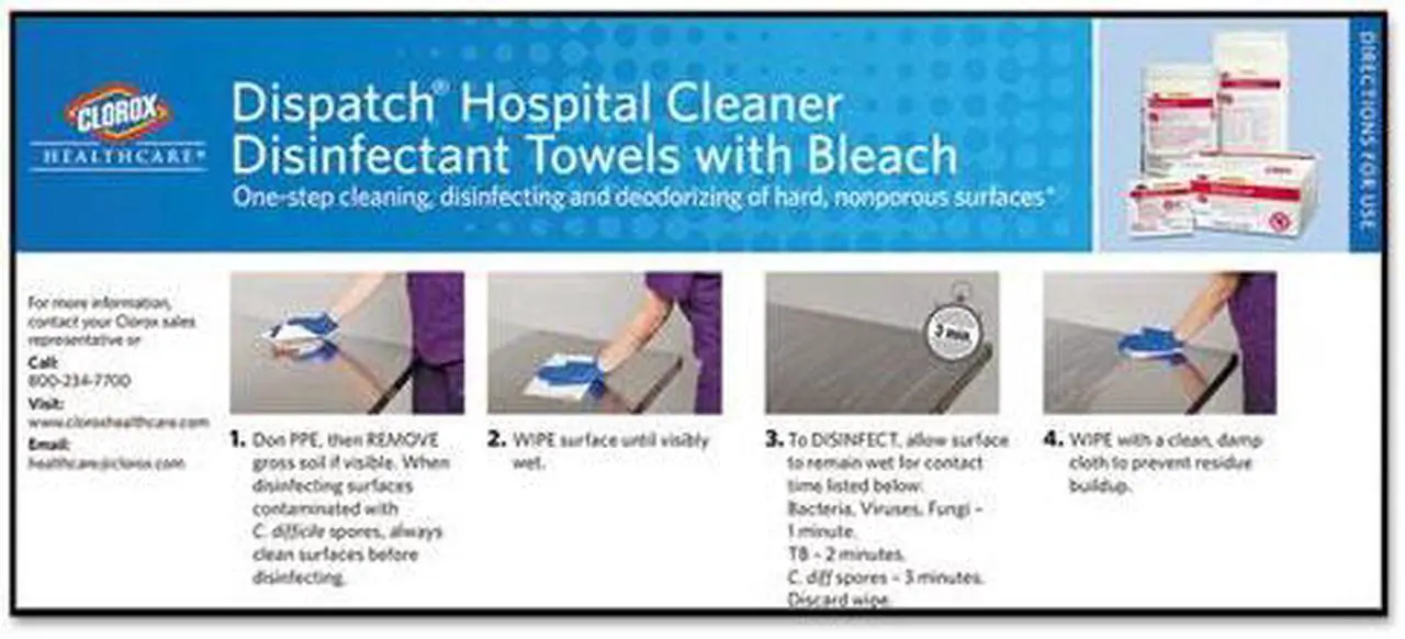Alt view image 9 of 20 - Clorox CLO 69150 Dispatch Hospital Cleaner Disinfectant Towels with Bleach Wipes Canister (150 CT.)