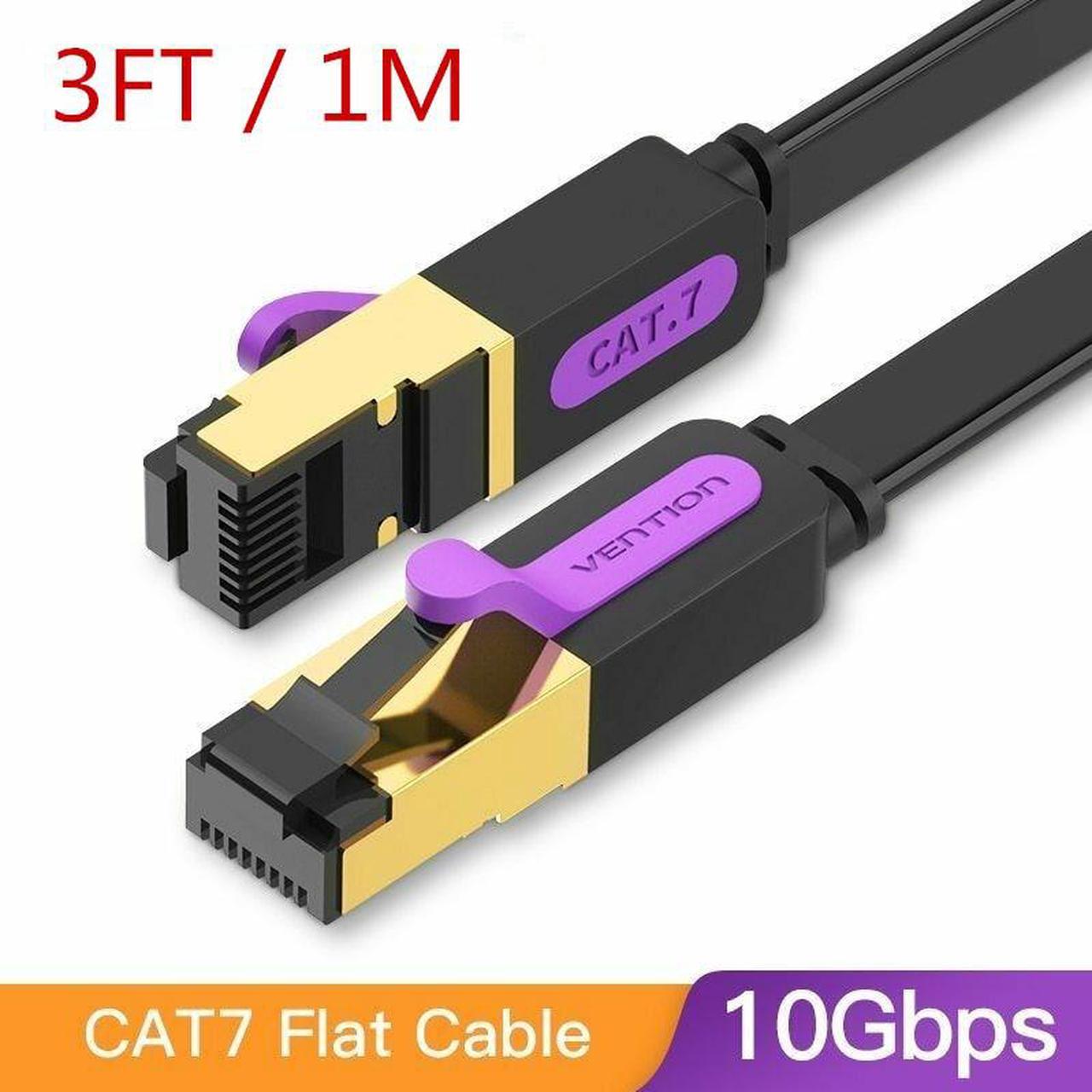 Cat7 Ethernet Cable, Vention Flat High Speed 10 Gigabit LAN Network Patch Cable with Clips, Faster Than Cat6 Cat5e, Shielded RJ45 Connectors for Xbox One, Switch, Router, Modem, Printer- Black/3ft