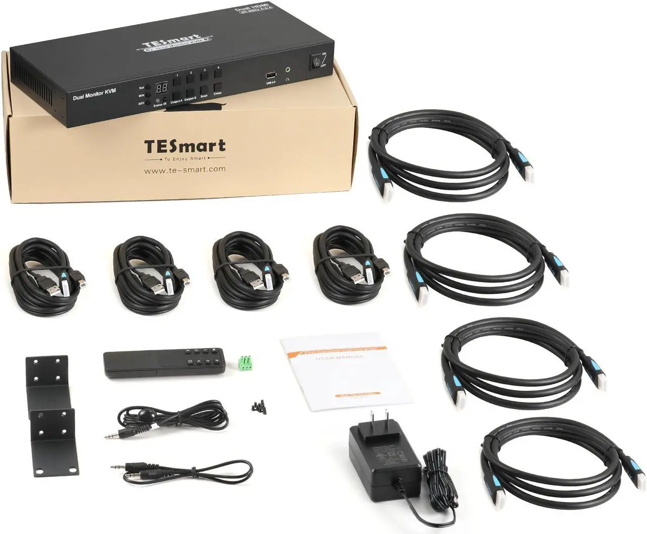 Alt view image 7 of 7 - TESmart 4x2 Dual Monitor HDMI KVM Switch 4 Port KVM 4K@60Hz 4:4:4 4 PCs 2 Monitors KVM Switcher Controls via Keyboard/IR Remote | with Extra USB 2.0 &L/R Audio Port includes 4 pcs of 1.5 m KVM Cables