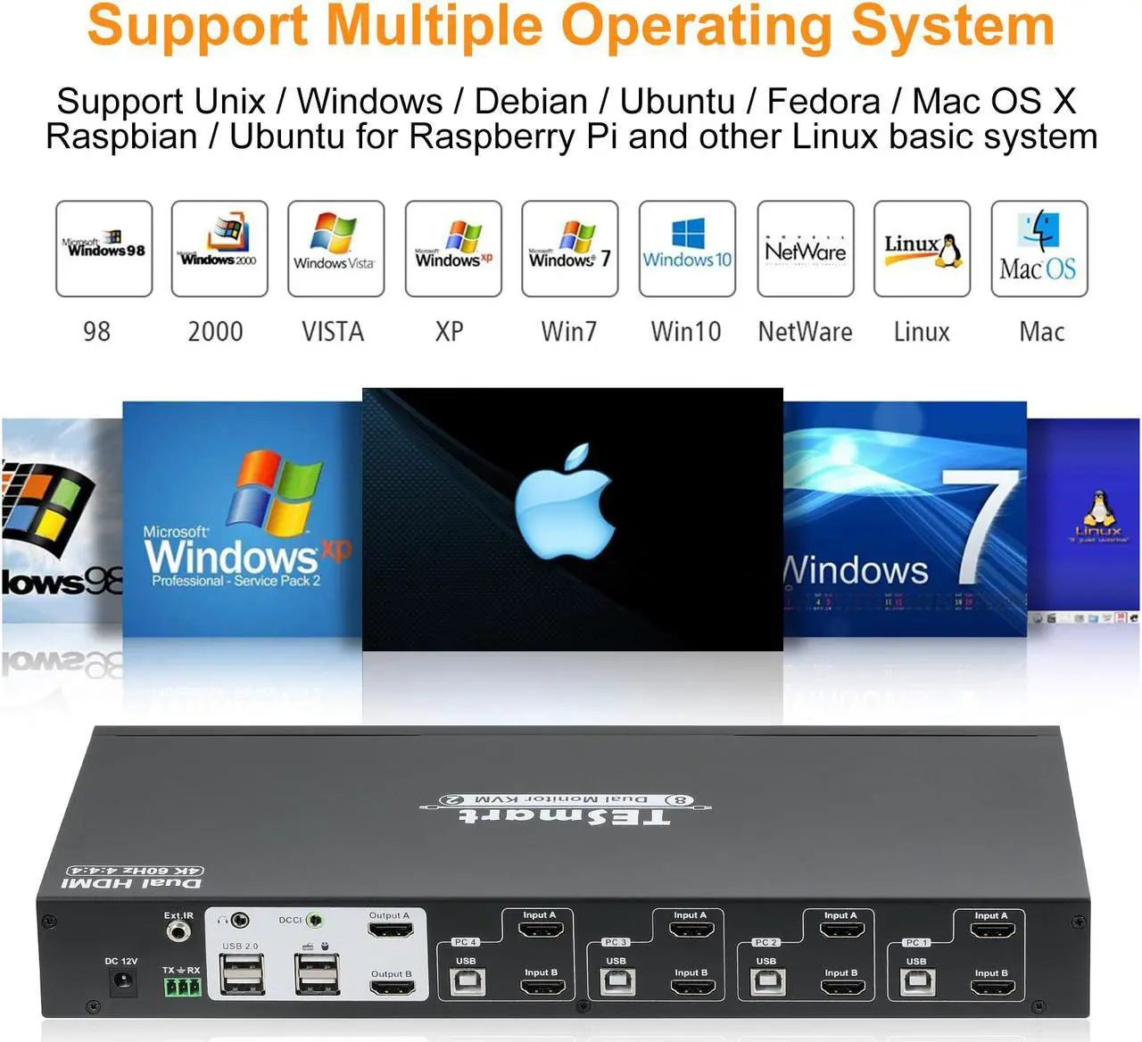 Alt view image 5 of 7 - TESmart 4x2 Dual Monitor HDMI KVM Switch 4 Port KVM 4K@60Hz 4:4:4 4 PCs 2 Monitors KVM Switcher Controls via Keyboard/IR Remote | with Extra USB 2.0 &L/R Audio Port includes 4 pcs of 1.5 m KVM Cables