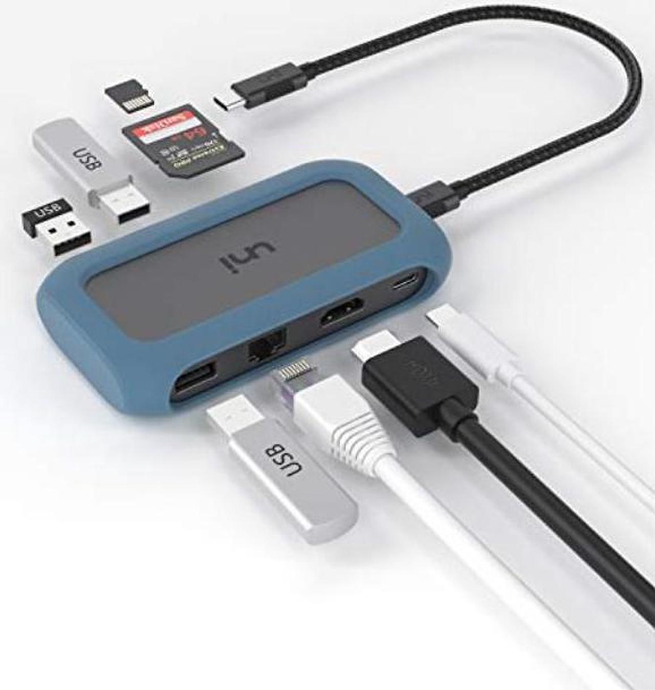 usb c hub ethernet 8in1 adapter, uni usb c sd card reader with ethernet 1gbps, 4k hdmi, pd up to 100w, with long cord, compatible for macbook pro 2019/2018, ipad pro 2019/2018 and more