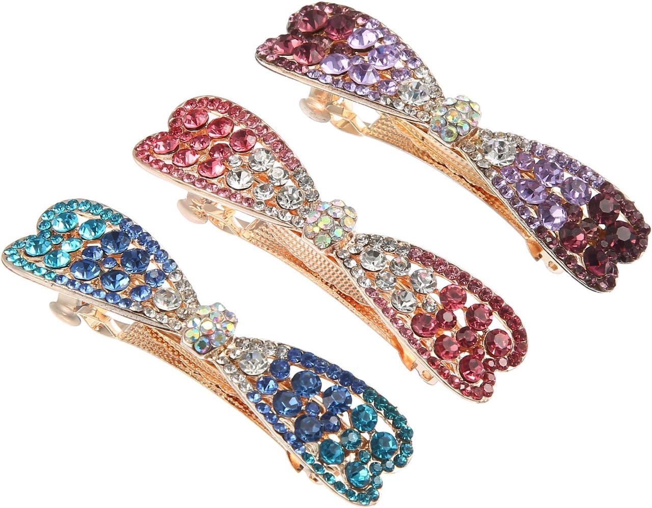 3 Pcs Hair Barrettes, Hair Accessories for Women, Hair Clips, Sparkly Glitter, Rhinestones Hairpin, Blue Pink Purple