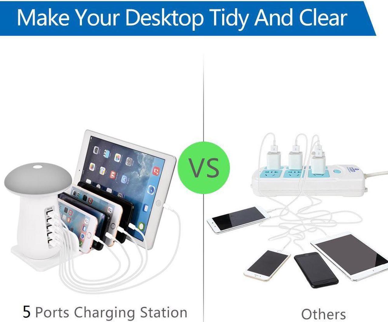 Alt view image 4 of 7 - Werleo USB Charger Station with QC 3.0 Quick Charge 5 Port Fast Charging Dock with Mushroom LED Lamp Universal Charger Stand Organizer for Multiple Devices Phones Tablets
