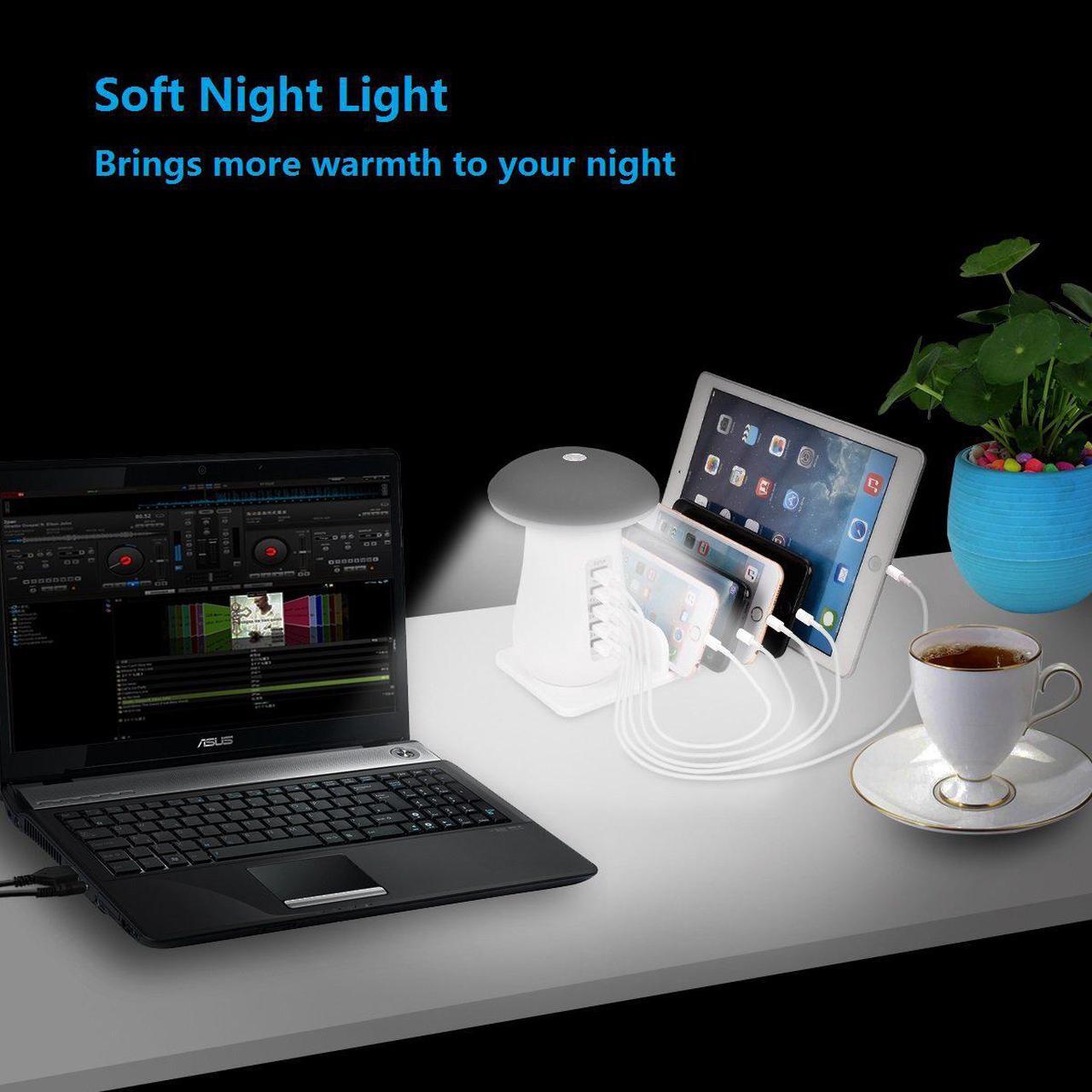 Alt view image 2 of 7 - Werleo USB Charger Station with QC 3.0 Quick Charge 5 Port Fast Charging Dock with Mushroom LED Lamp Universal Charger Stand Organizer for Multiple Devices Phones Tablets