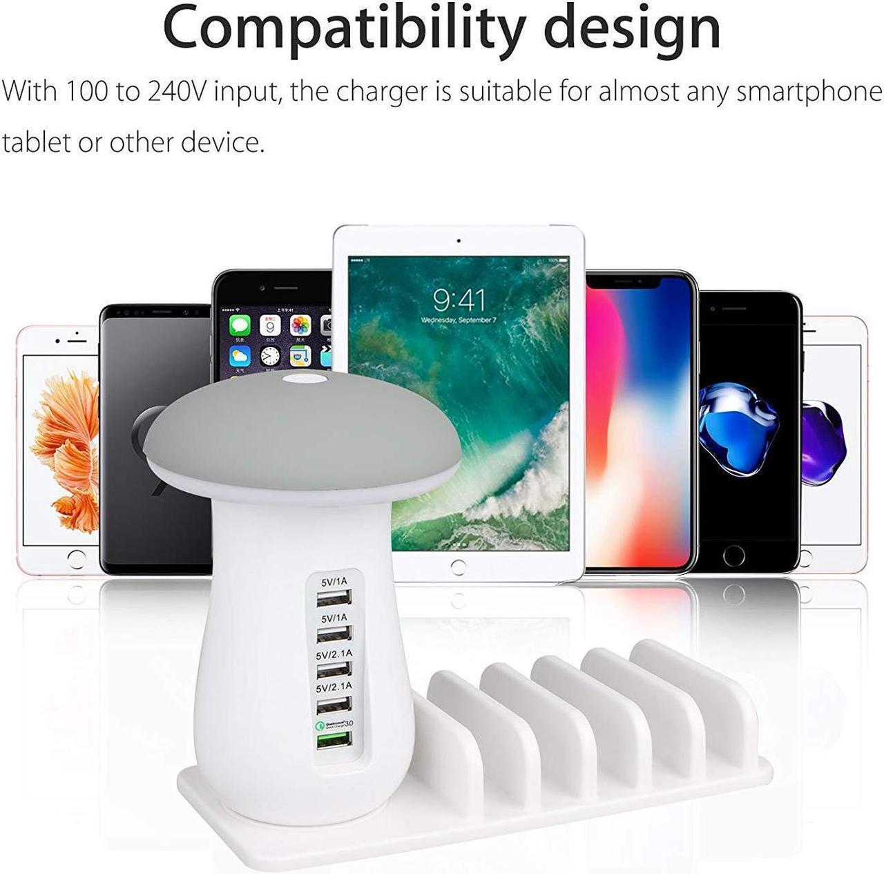 Alt view image 7 of 7 - Werleo USB Charger Station with QC 3.0 Quick Charge 5 Port Fast Charging Dock with Mushroom LED Lamp Universal Charger Stand Organizer for Multiple Devices Phones Tablets