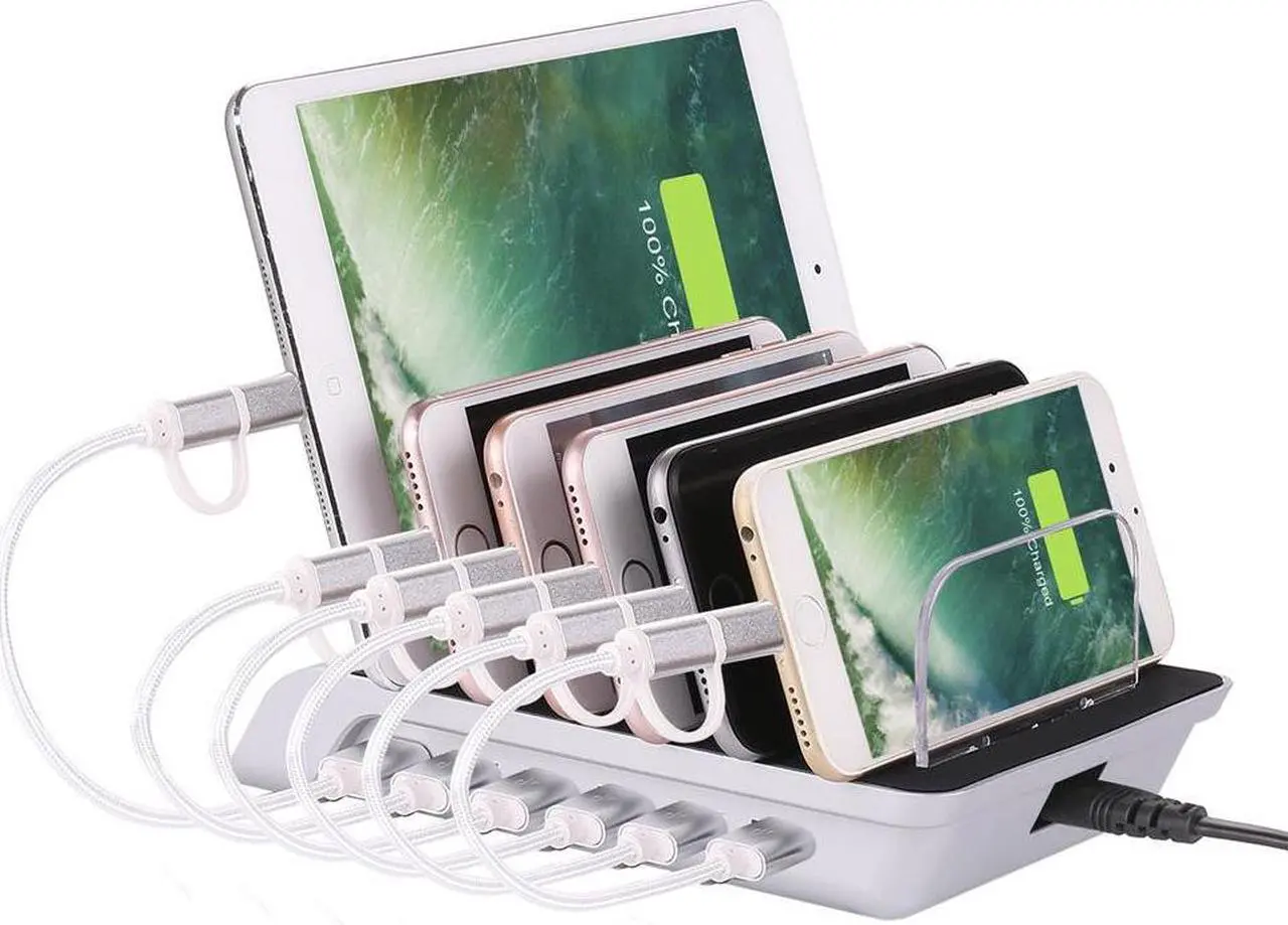Main image of 10.2A 6 Port USB Charging Station Dock Stand & Device Organizer Universal Desktop Tablet & Smartphone Multi-Device Hub Charging Dock for iPhone iPad Galaxy Tablets