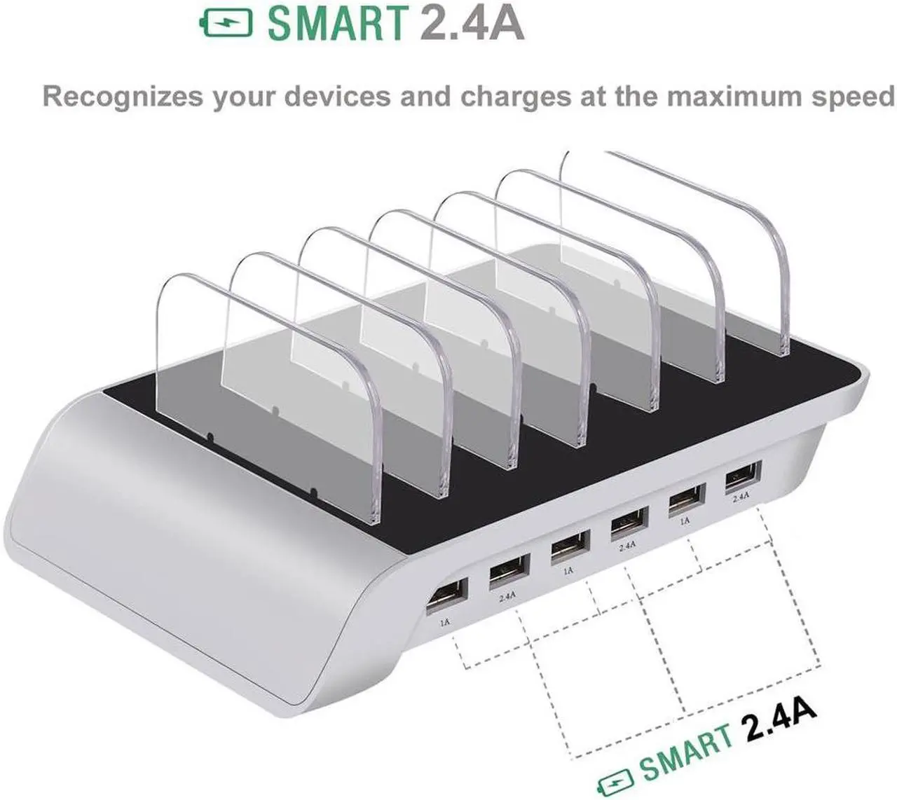 Alt view image 3 of 7 - 10.2A 6 Port USB Charging Station Dock Stand & Device Organizer Universal Desktop Tablet & Smartphone Multi-Device Hub Charging Dock for iPhone iPad Galaxy Tablets