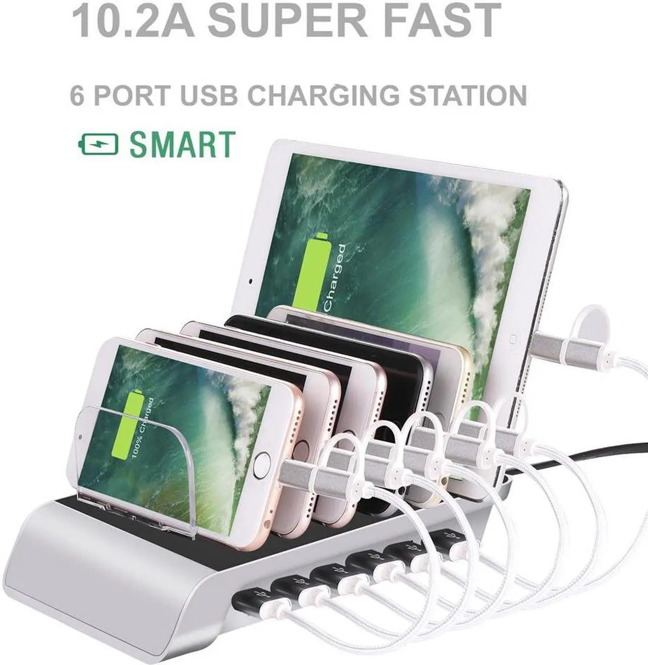 Alt view image 2 of 7 - 10.2A 6 Port USB Charging Station Dock Stand & Device Organizer Universal Desktop Tablet & Smartphone Multi-Device Hub Charging Dock for iPhone iPad Galaxy Tablets