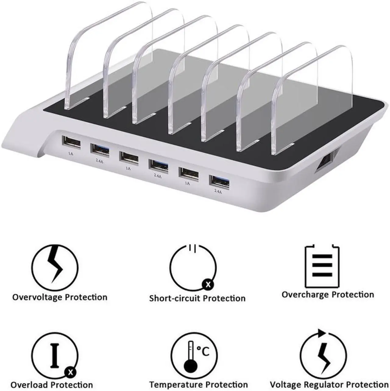 Alt view image 4 of 7 - 10.2A 6 Port USB Charging Station Dock Stand & Device Organizer Universal Desktop Tablet & Smartphone Multi-Device Hub Charging Dock for iPhone iPad Galaxy Tablets
