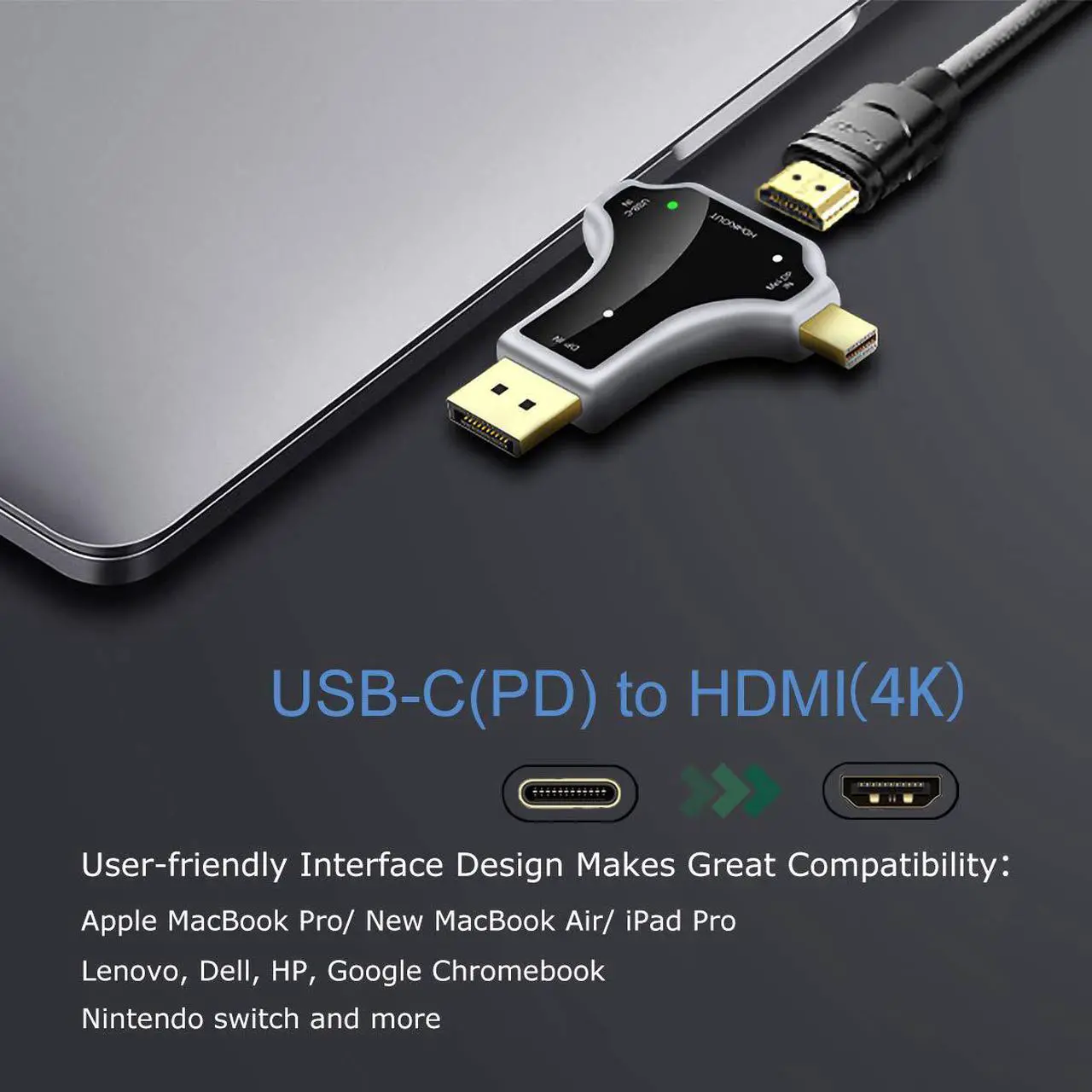 Alt view image 4 of 7 - DisplayPort Mini DP USB Type-C to HDMI Adapter  3-in-1 Mini DisplayPort ( Thunderbolt ) Type-C Port to HDMI Converter Compatible with MacBook Pro Macbook Air iPad Pro 2018 Mac Mini