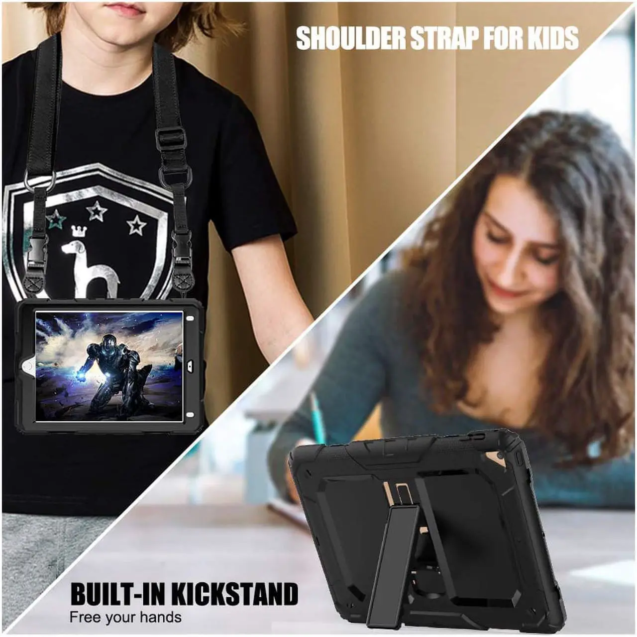 Alt view image 3 of 7 - iPad 9.7 Case iPad Air 2 Cover Heavy Duty Rugged Shockproof Silicone Protective Case With Stand & Shoulder Strap For Apple iPad Air 2 / iPad Pro 9.7 / iPad 9.7 2017 2018 iPad 5th / 6th Generation