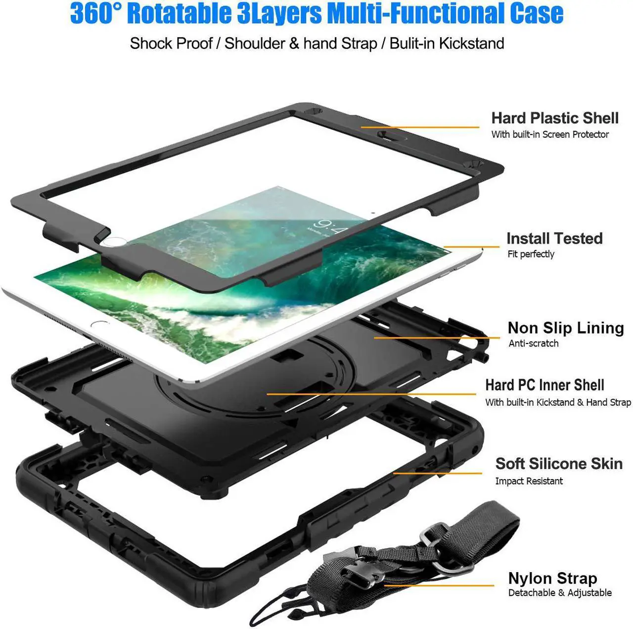 Alt view image 6 of 7 - iPad 6th 5th Generation Case New iPad 9.7 Inch 2018 2017 Case Full-body Shock Proof Hybrid Armor Protective Case Cover with 360 Rotating Stand & Strap for Apple iPad 5th / 6th iPad Air 2 iPad Pro 9.7