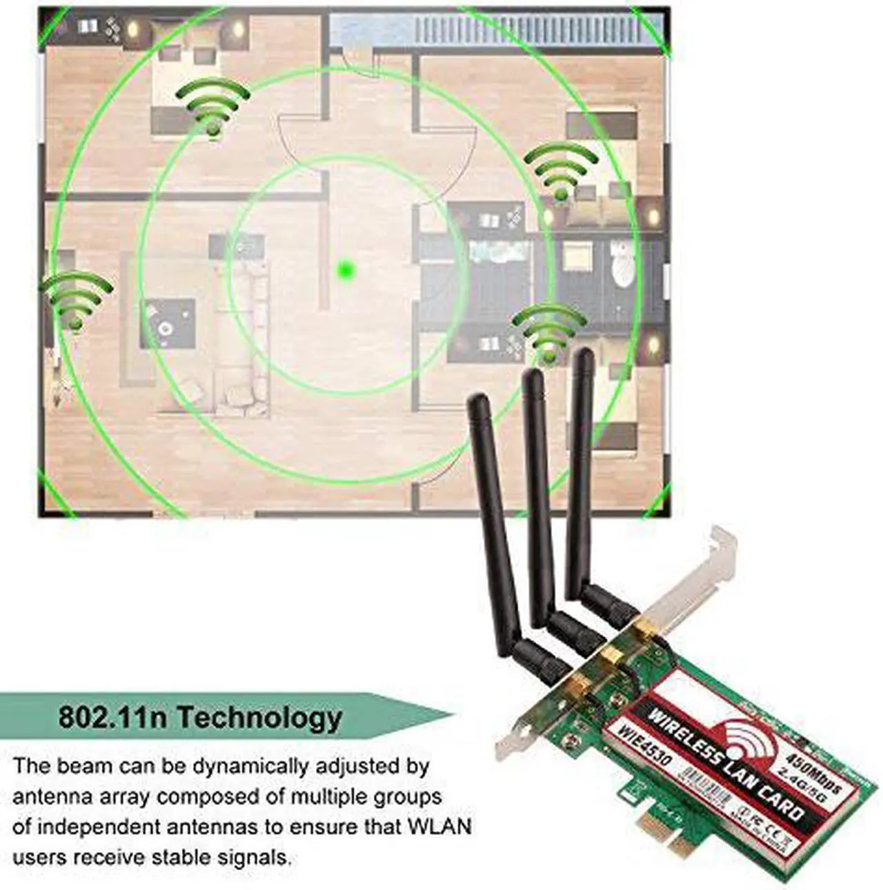 Alt view image 2 of 7 - Dual Band 450Mbps Wireless PCI-E Express Card WiFi Network Adapter Card Support Dual Band (2.4GHz 450Mbps or 5GHz 450Mbps) with 3PCS Antenna for Win7/Win8/Win10 - WIE4530