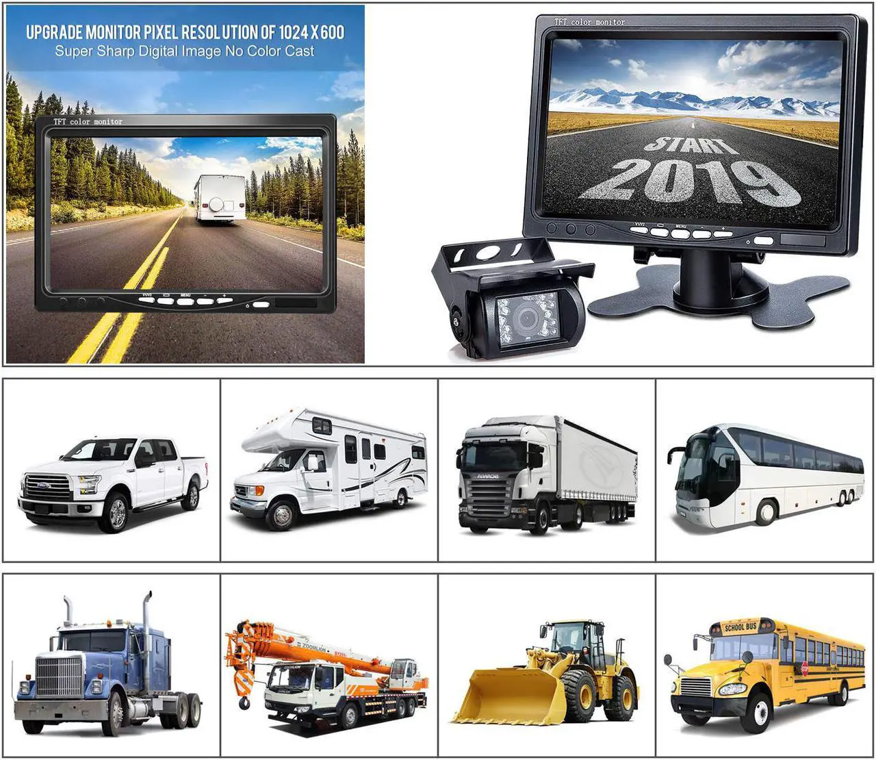 Alt view image 6 of 7 - Upgrade Backup Camera Monitor Kit 1024X600 HD IP69 Waterproof Rearview Reversing Rear View Camera 7 inch LCD Reversing Monitor Truck Semi-Trailer Box Truck RV — HD Transmission Four-pin