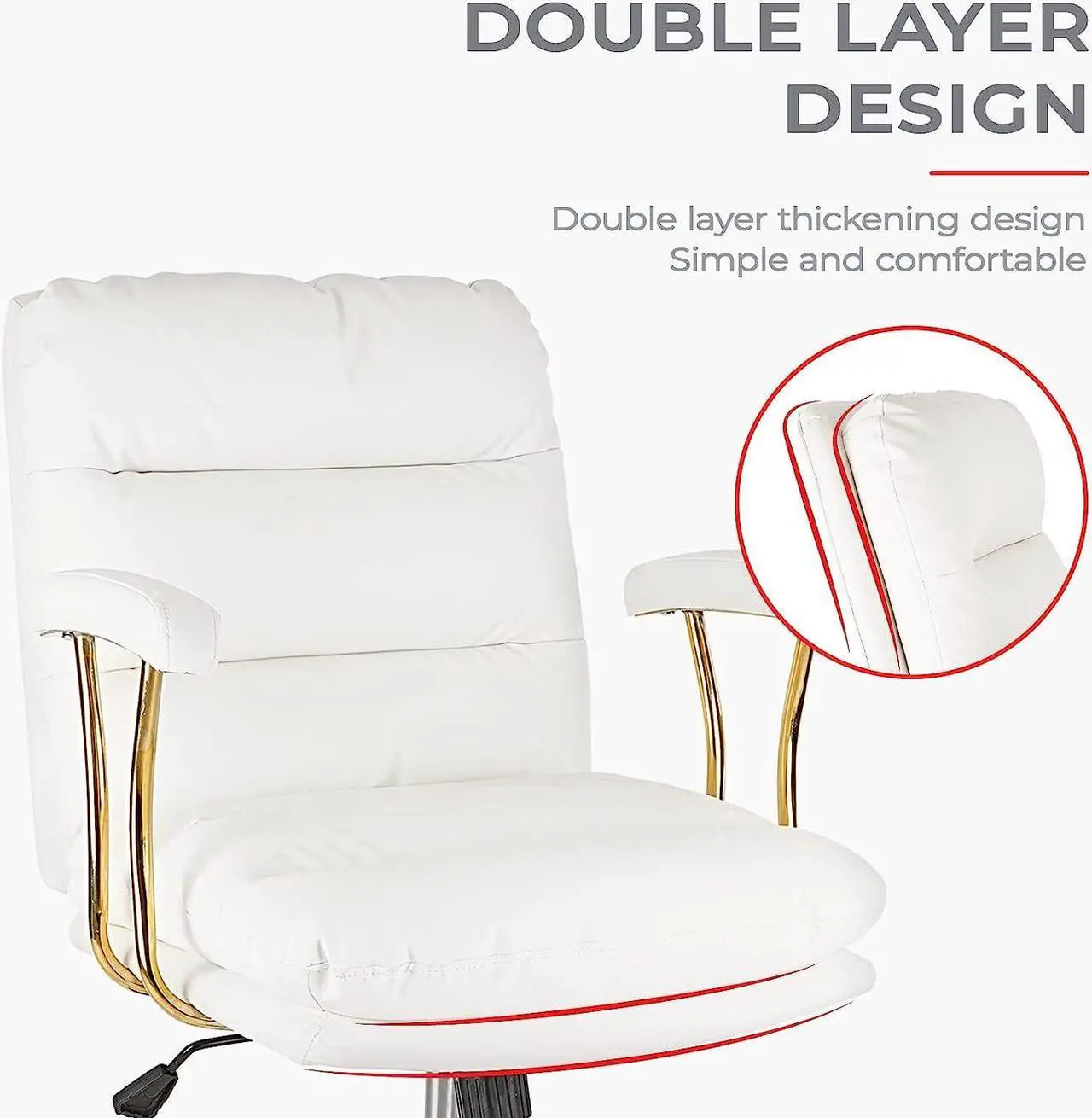 Alt view image 3 of 6 - KLASIKA Ergonomic Office Desk Chair for Heavy People with Wheels and Arms, Faux Leather Computer Chair for Home Bedroom Office, White Chair Gold Caster